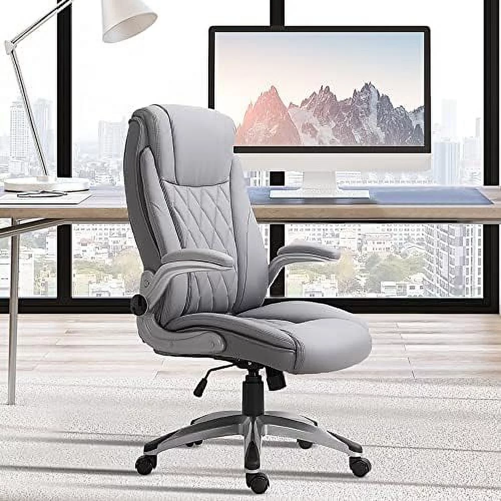High Back 360° Swivel Ergonomic Home Office Chair With Up Arms, Faux Leather Computer Desk Rocking Chair, Grey