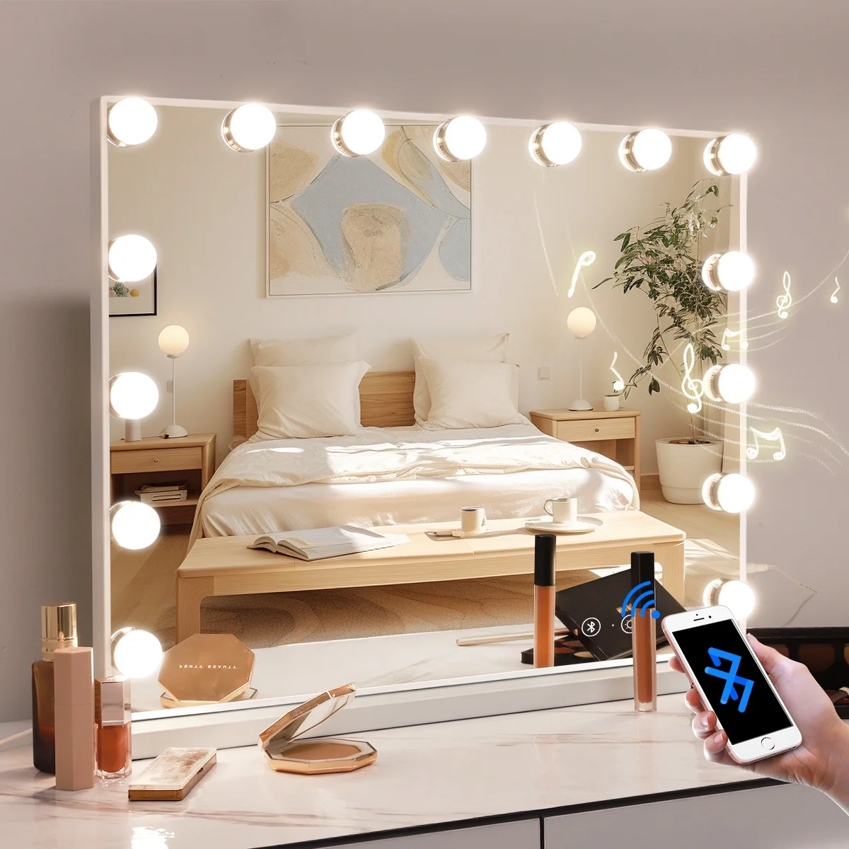 Fenchilin 23''x19'' Hollywood Vanity Mirror with Lights Bluetooth Tabletop Wall Mount Metal White