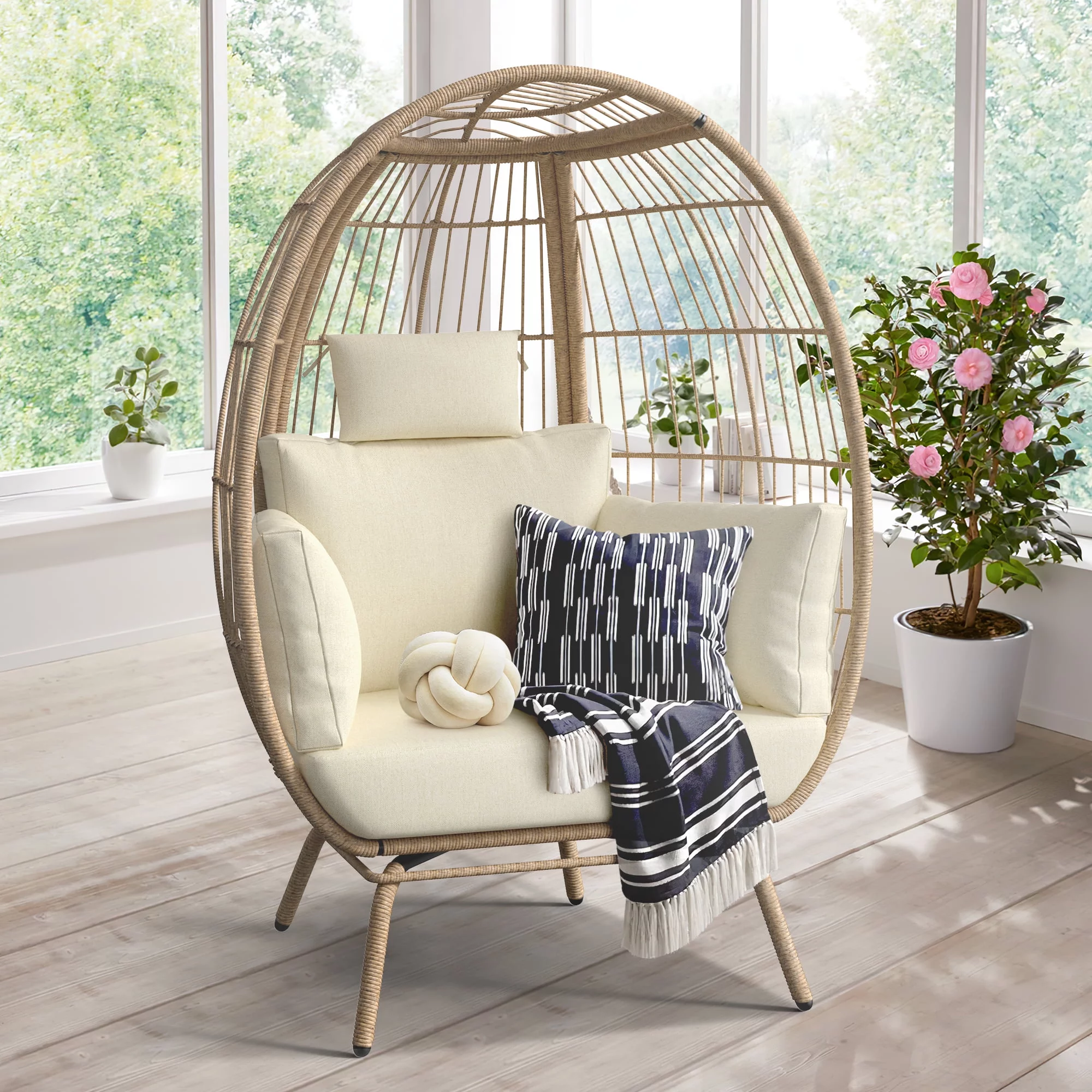 DWVO Wicker Egg Chair, Oversized Indoor Outdoor Lounger for Patio, Backyard, Living Room, Beige