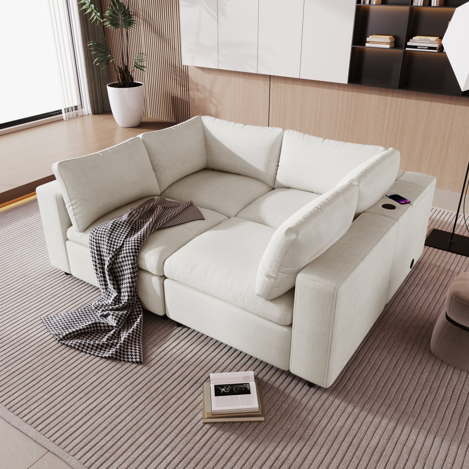 THINK 30, Beige,4 Seat,Upholstered Modular Sofa with USB Charge Ports,Wireless Charging and Built-in Bluetooth Speaker in Arm,Sectional sofa for Living Room Apartment