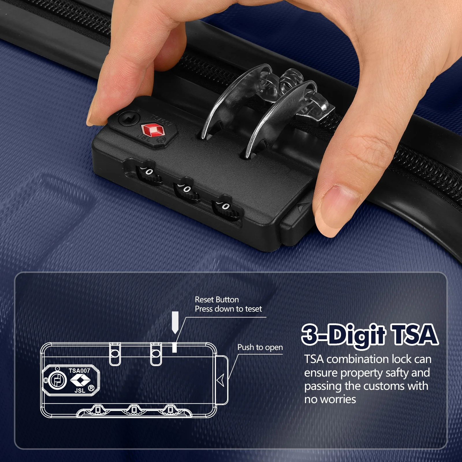 AMZFUN 3PCS Luggage Sets,PC+ABS Hardside Lightweight Suitcase with Silent Universal Wheels, TSA Lock Carry On Luggage 20/24/28 Inch Dark Blue