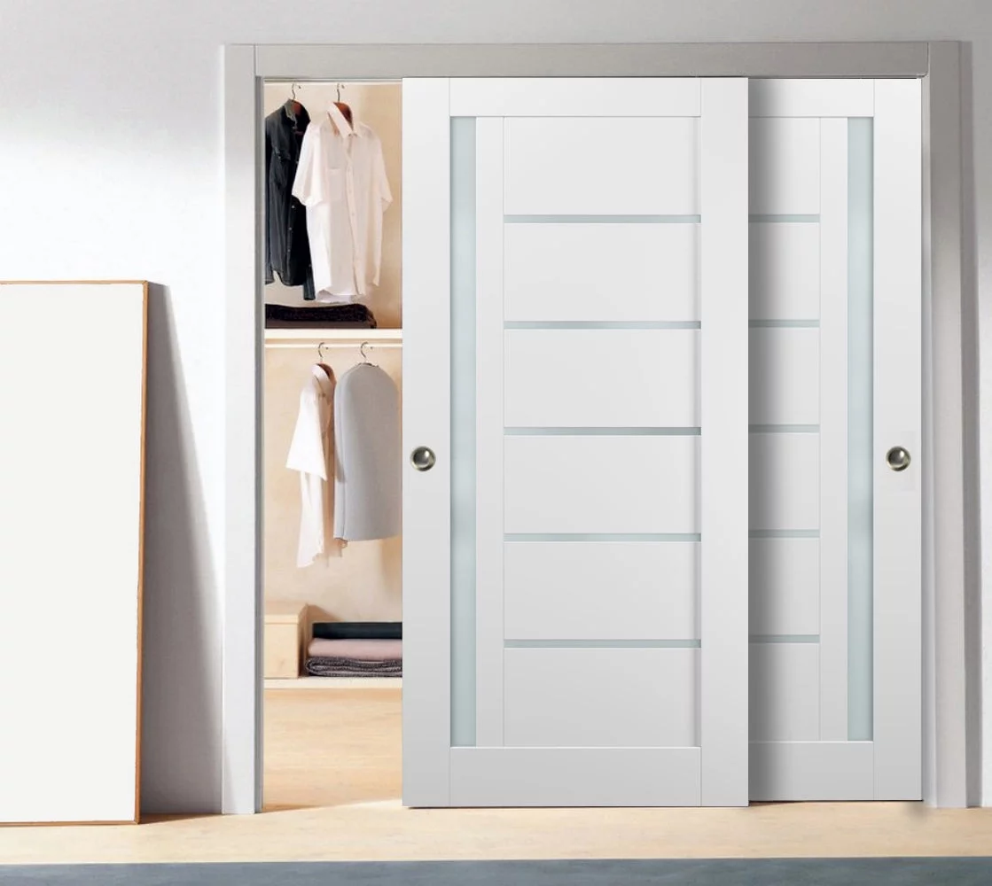 Sliding Closet Bypass Doors 60 x 96 with hardware | Quadro 4088 White Silk with Frosted Opaque Glass | Sturdy Top Mount Rails Moldings Trims Set | Kitchen Lite Wooden Solid Bedroom Wardrobe Doors