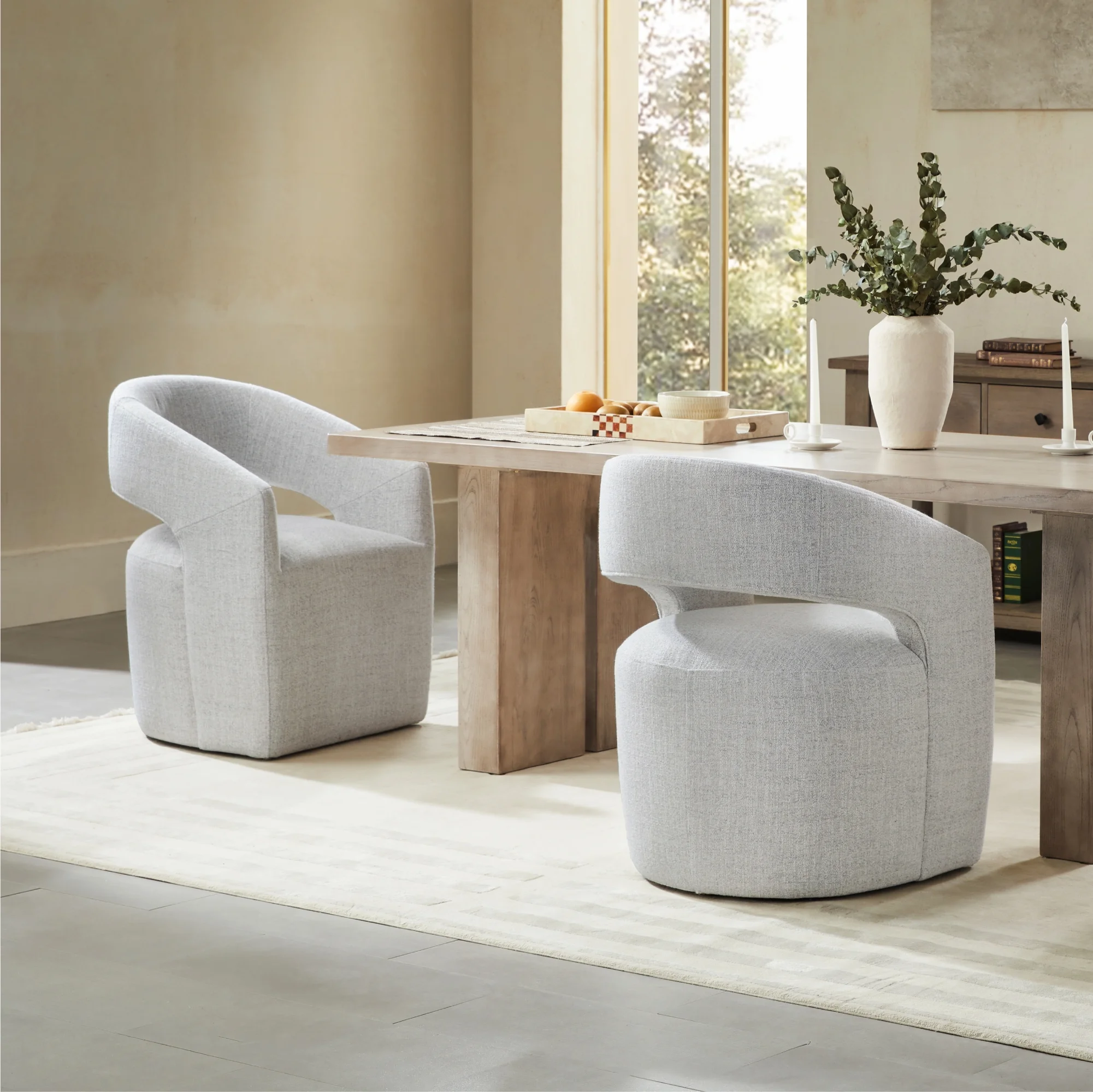 CHITA Modern Dining Chair with Caster Wheels & Open Back, Upholstered Dining Room Chairs, Fabric in Cloud