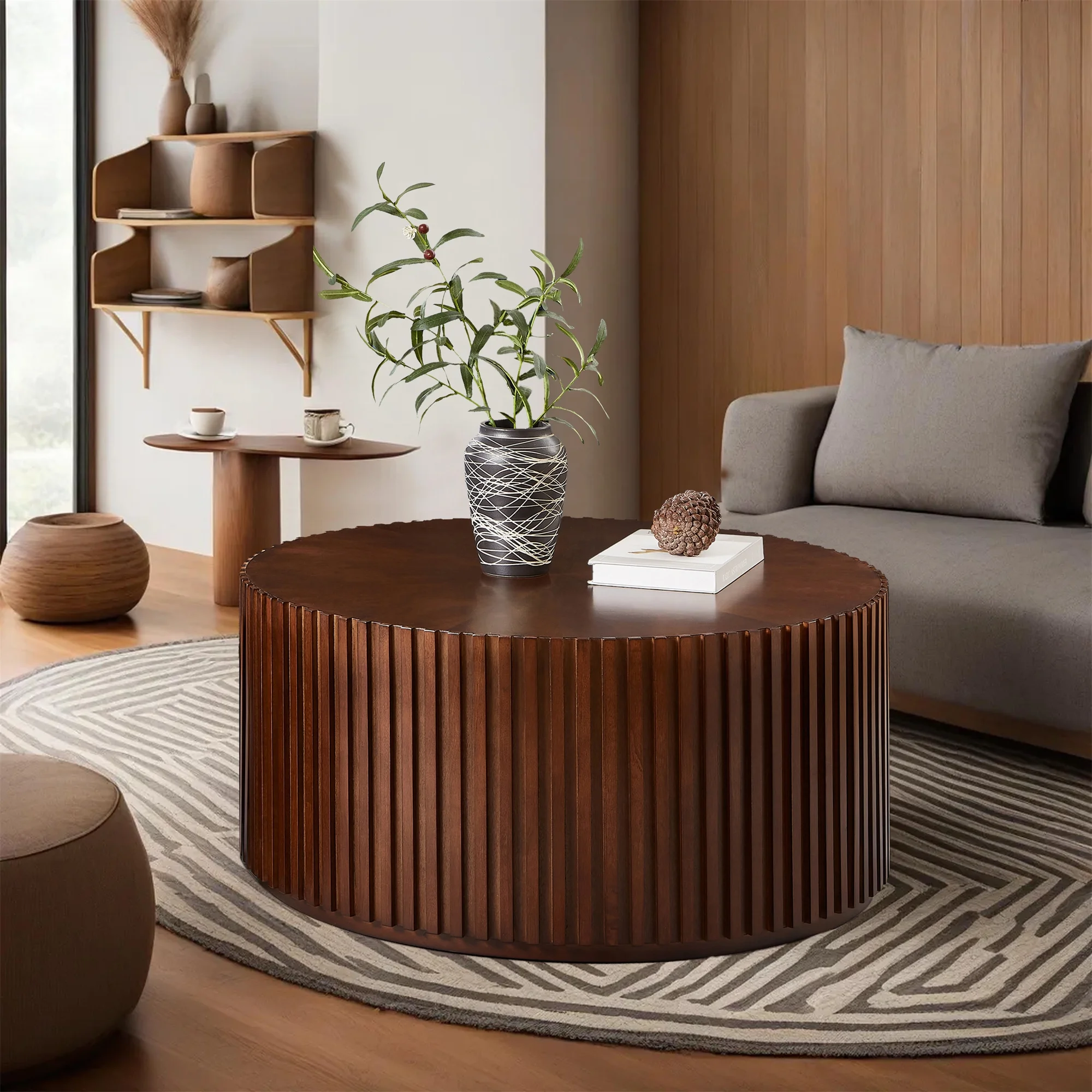 Gexpusm Round Coffee Table, Solid Wood Center Table for Living Room, Circle Drum Coffee Table with Handcrafted Relief, Walnut