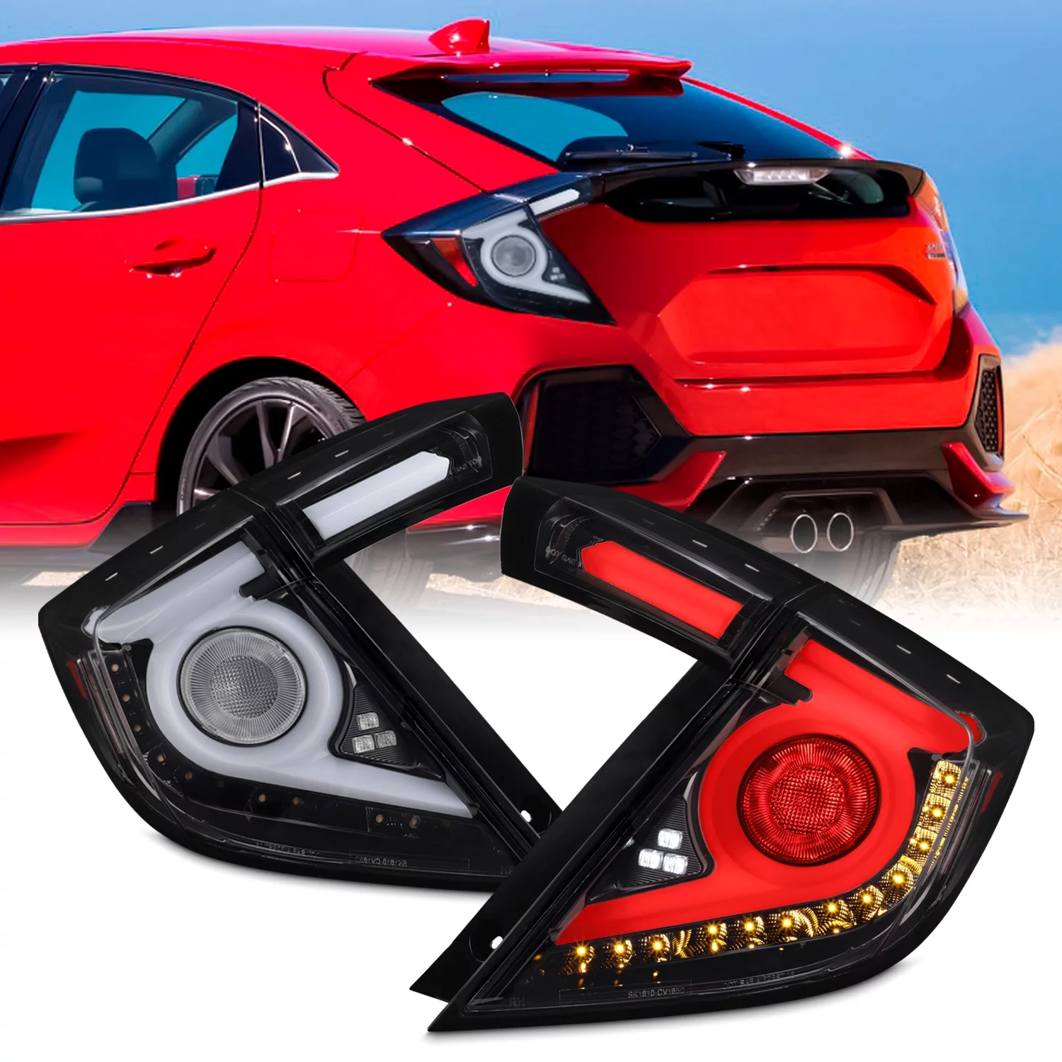 AKKON - Fit 2016-2021 Honda Civic Hatchback Full LED Tail Lights w/ Welcome Lights - Sequential Turn Signal Tube Black Chrome