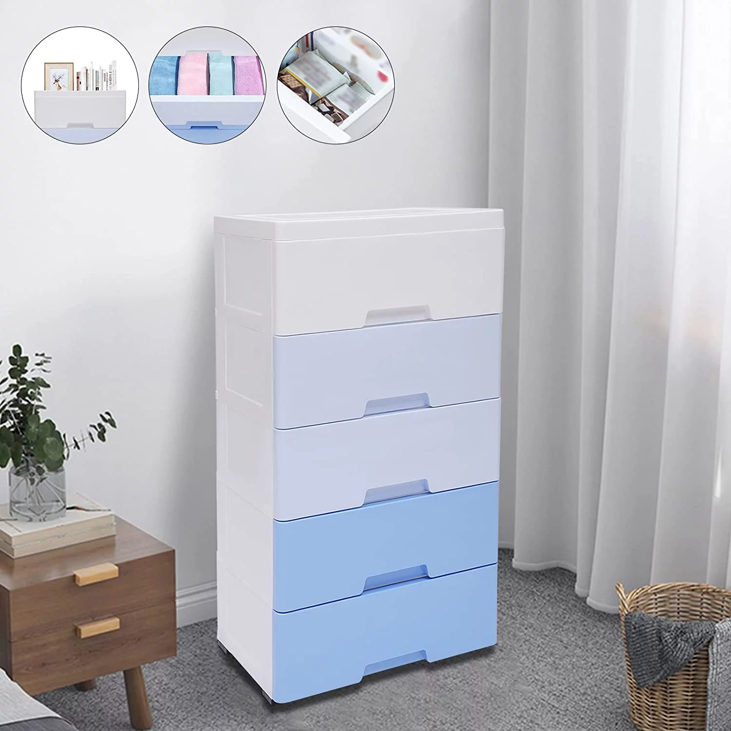 Anqidi 5 Plastic Drawers Dresser Vertical Clothes Storage Chest Bedroom Tower Closet Organizer Cabinet w/Wheels Gradient Blue