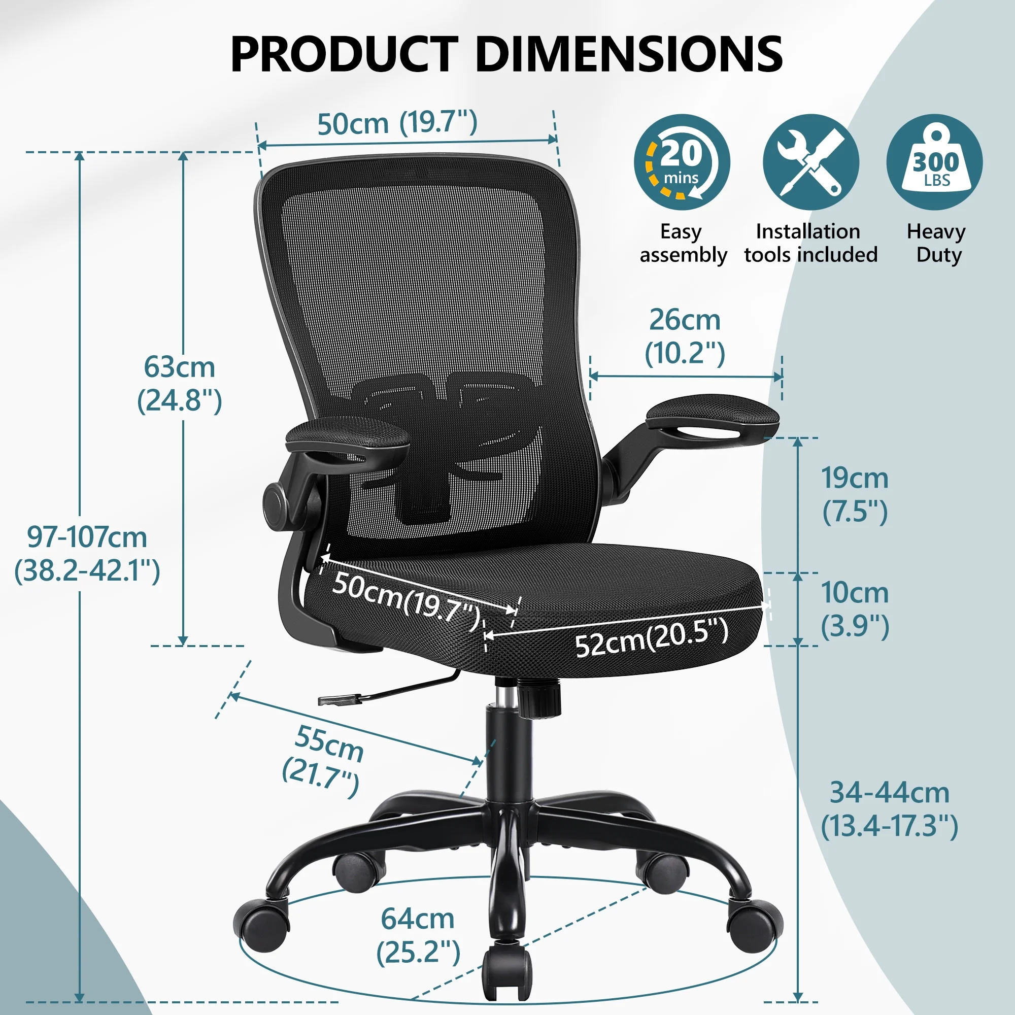 Coolhut Ergonomic Office Chair, Task Chair, Comfort Desk Chair with Adjustable Lumbar Support and Flip up Arms, 300lb, Black