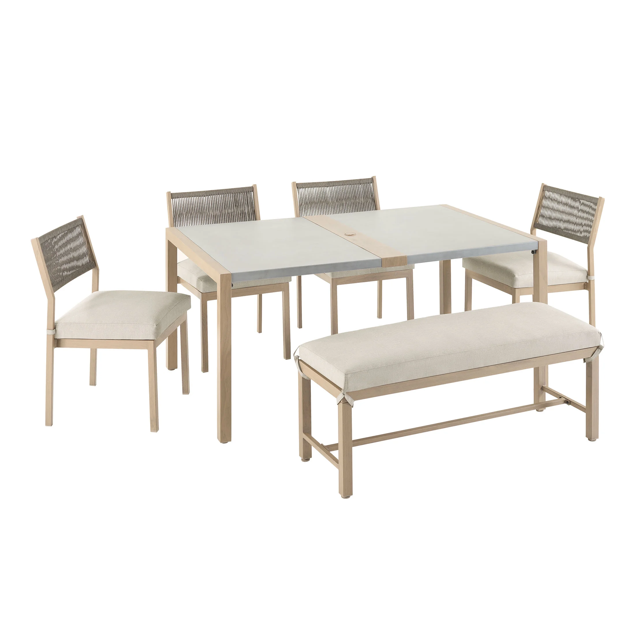 Better Homes & Gardens Tarren 6-Piece Steel Outdoor Dining Set with 4 Chairs, Bench, Table and Cushions, Gray/Tan