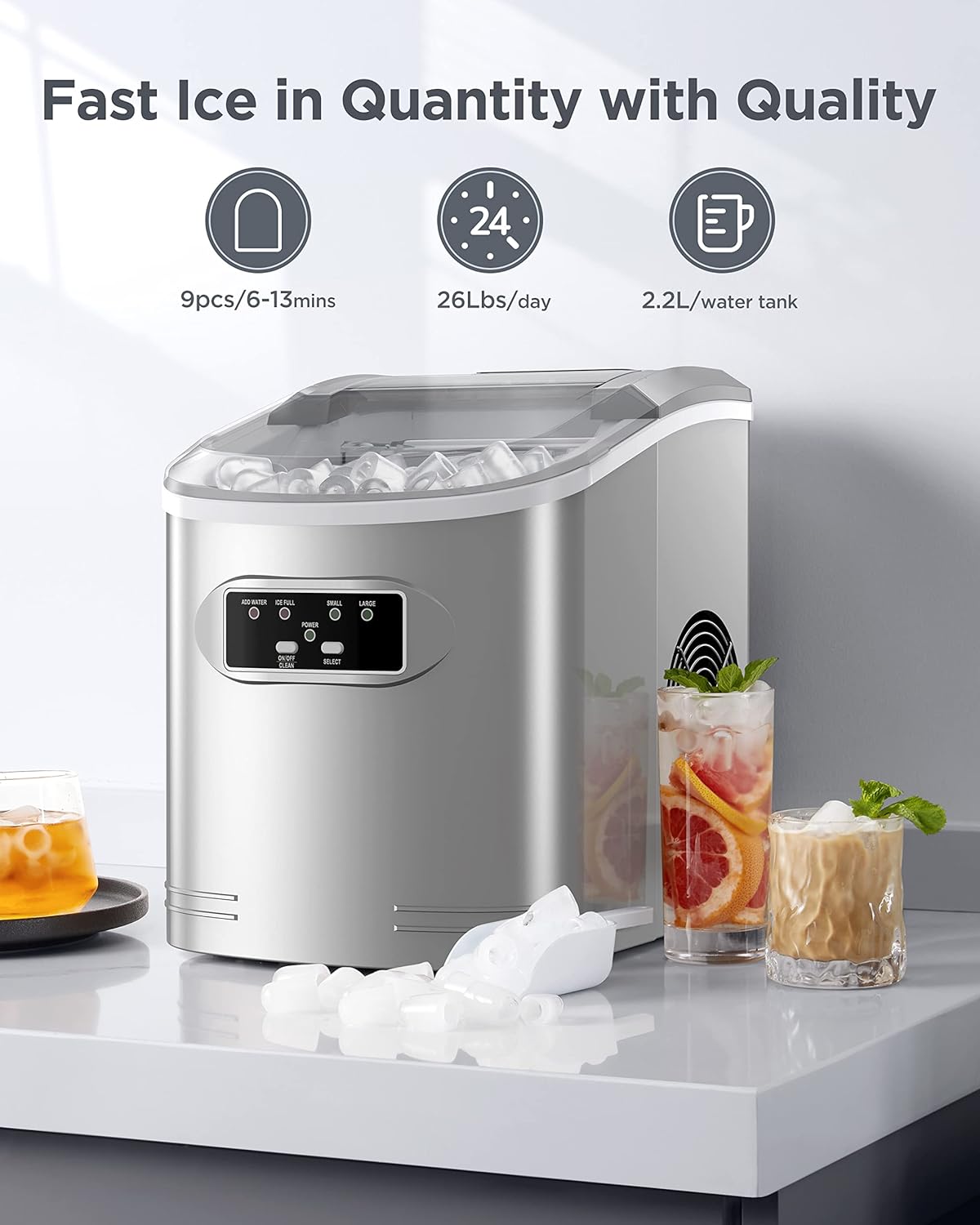 Silonn Ice Maker Machine Countertop, 26 lbs in 24 Hours, 9 Cubes Ready in 6 Mins, Self-Clean Ice Maker Compact Portable Ice Maker with Ice Scoop and Basket, Silver Gray (SLIM07)