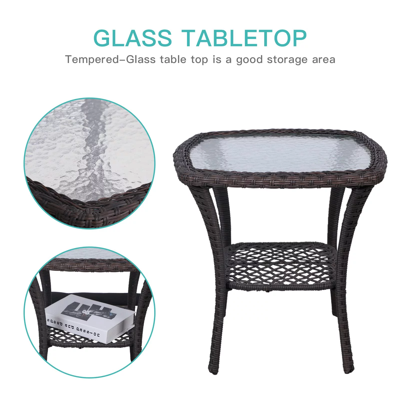 MEETWARM 3-Piece Patio Wicker Conversation Bistro Set Cushioned, Outdoor Swivel Rocking Chairs Rattan Furniture Sets with Thickened Cushion and Glass-Top Coffee Table (Navy Blue)