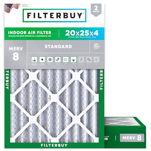 Filterbuy 20x25x4 Air Filter MERV 8 Dust Defense (2-Pack), Pleated HVAC AC Furnace Air Filters Replacement (Actual Size: 19.50 x 24.50 x 3.63 Inches)