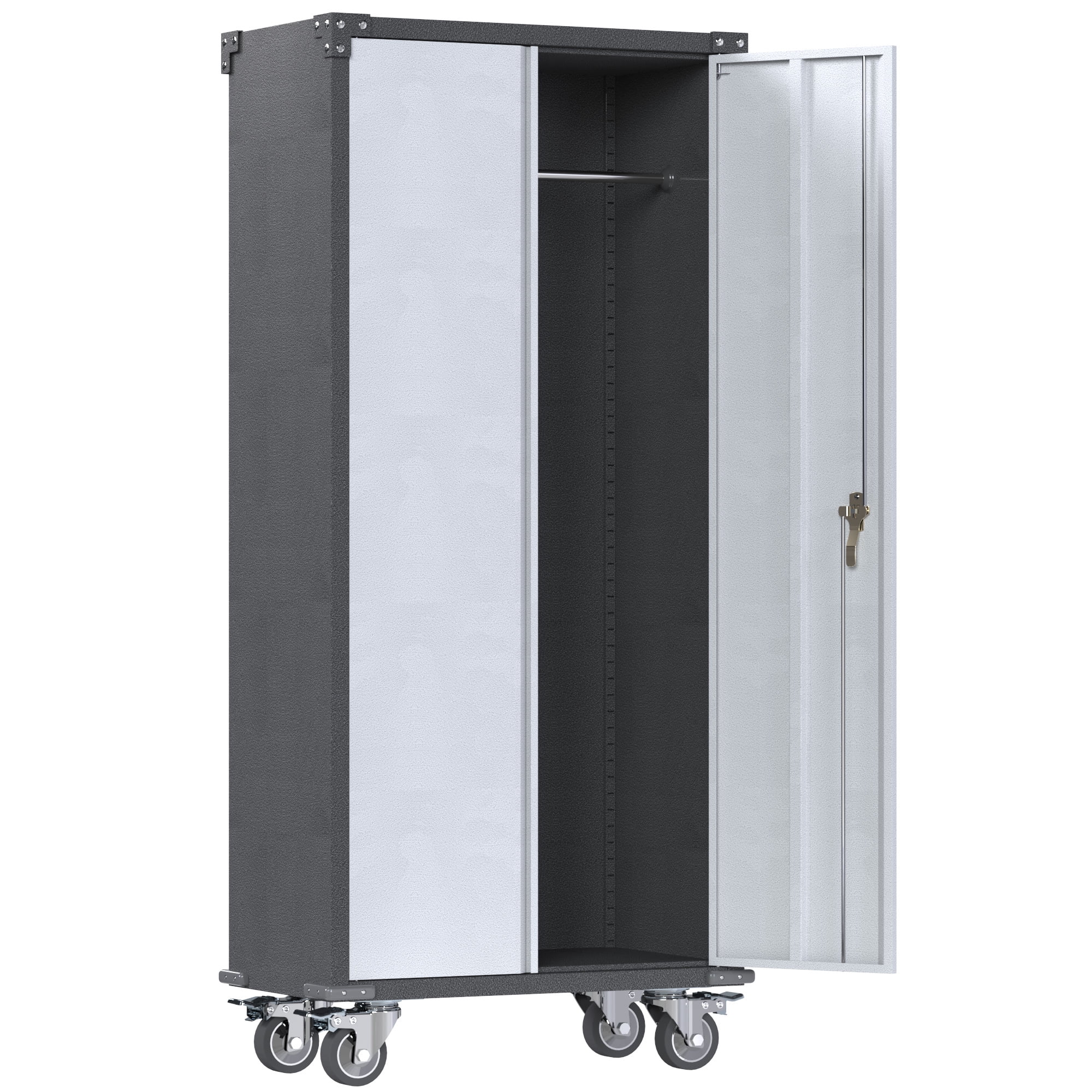 GangMei Metal Rolling Storage Cabinet with Hanging Rod, Large Steel Utility Tool Storage Cabinets with 2 Shelves & Locking Doors, Garage Cabinets for Tool Storage, Assemble Required
