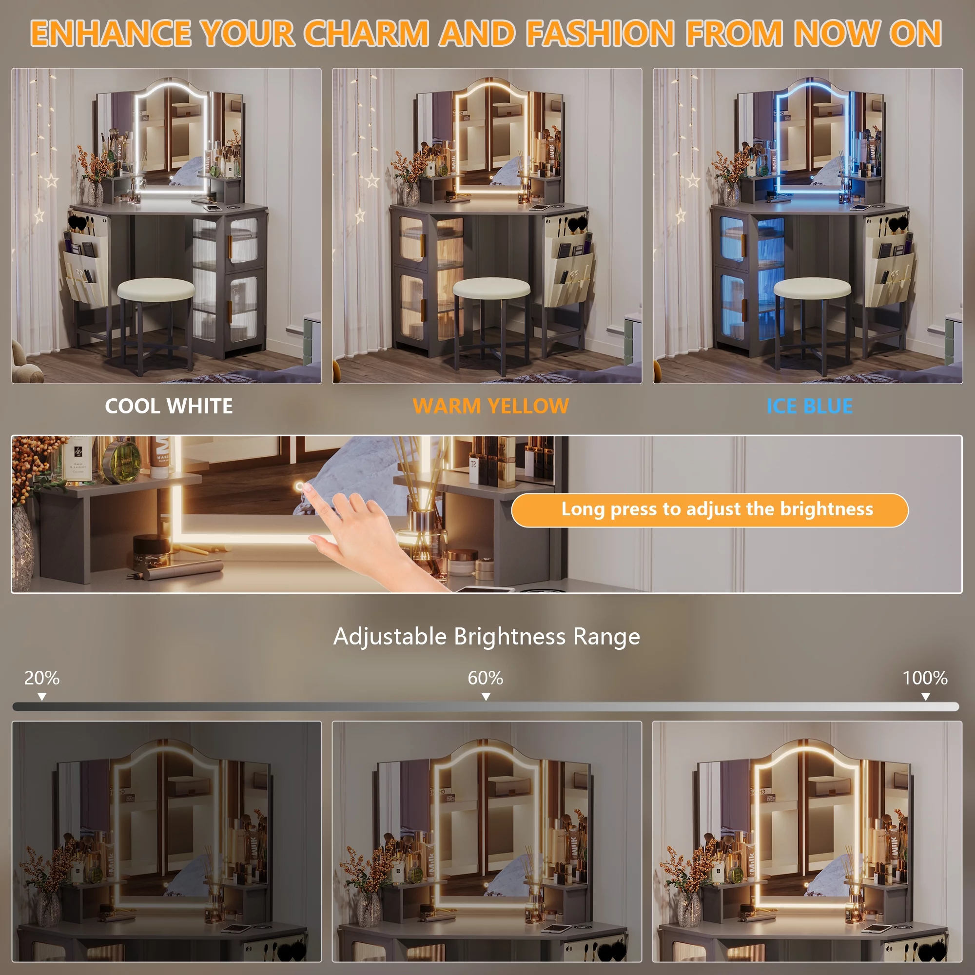 LVSOMT Makeup Vanity Desk with 3 Lighting Options, Dressing Table with Charging Station, Vanity Set with 4 Cabinets, Shelves and Stool, Corner Vanity for Women Girls, White