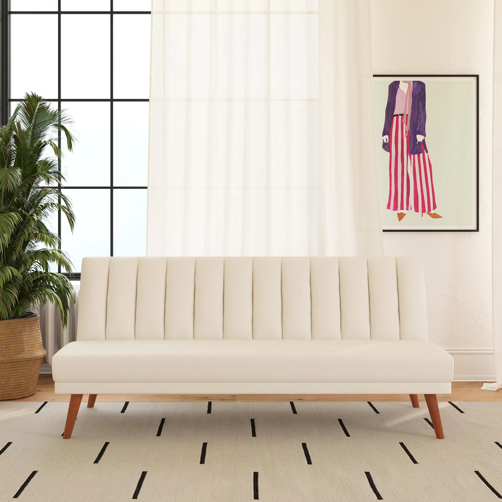 Novogratz Brittany Armless Futon, Sofa Lounger and Sleeper with Hideaway Support Legs, White Faux Leather