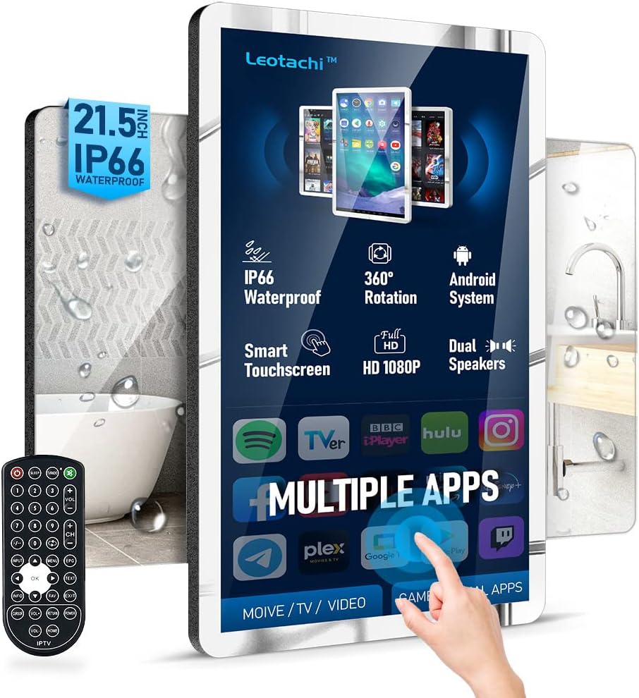 21.5 inch Smart Touchscreen Mirror IP66 Waterproof TV for Bathroom Shower - Support 360° Rotation, Full HD 1080P Built-in Android 11.0 OS WiFi/LAN/USB/BT/HDMI(Black)