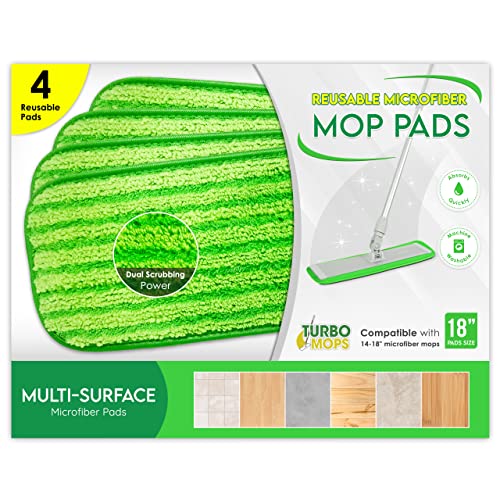 Microfiber Mop Pads 4 Pack - Reusable Washable Cloth Mop Head Replacements Best Thick Spray Wet Dust Dry Flat Velcro Attachment 18