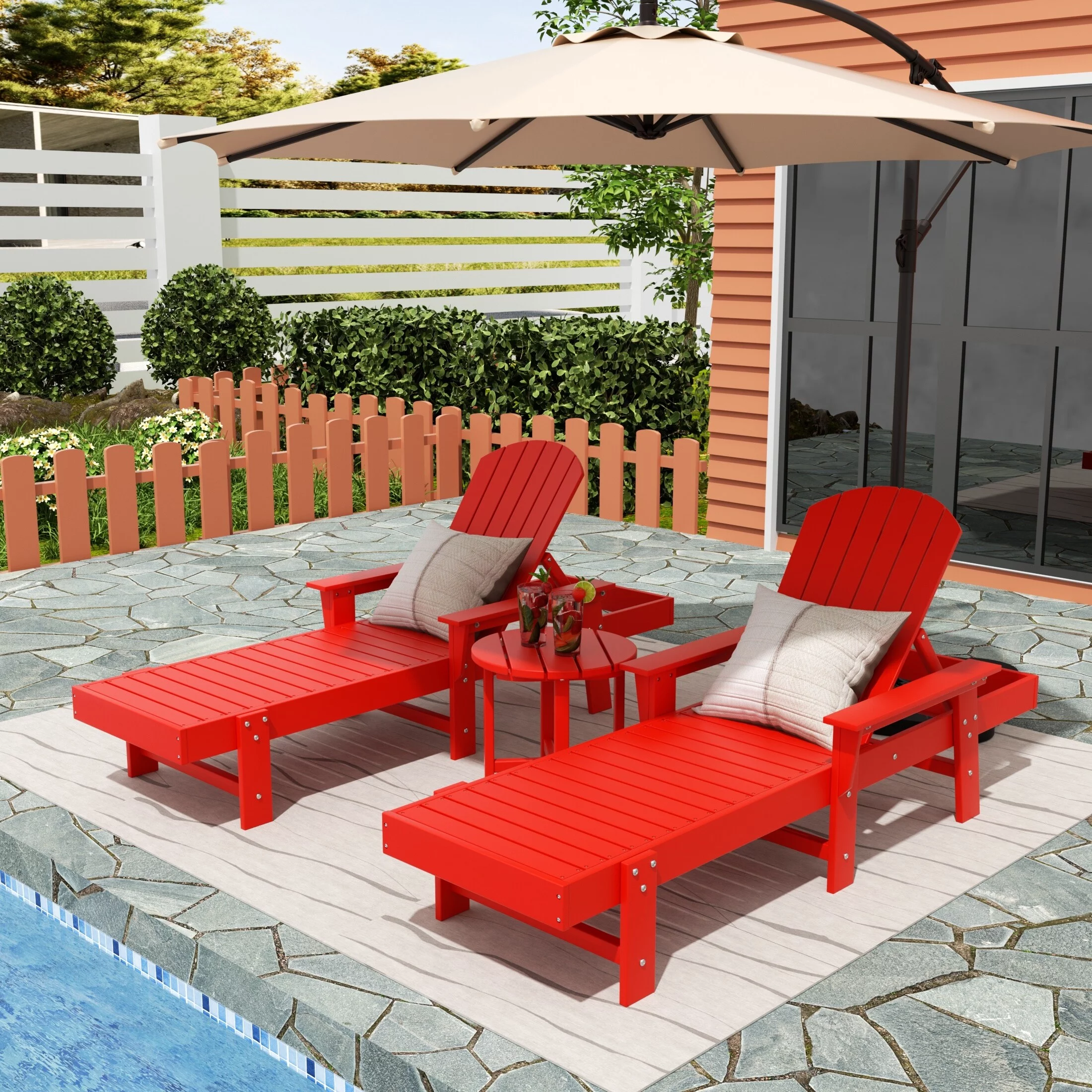 Polytrends  Altura Poly Eco-Friendly All Weather Reclining Chaise Lounge with Arms & Side Table (3 Piece Set) Red