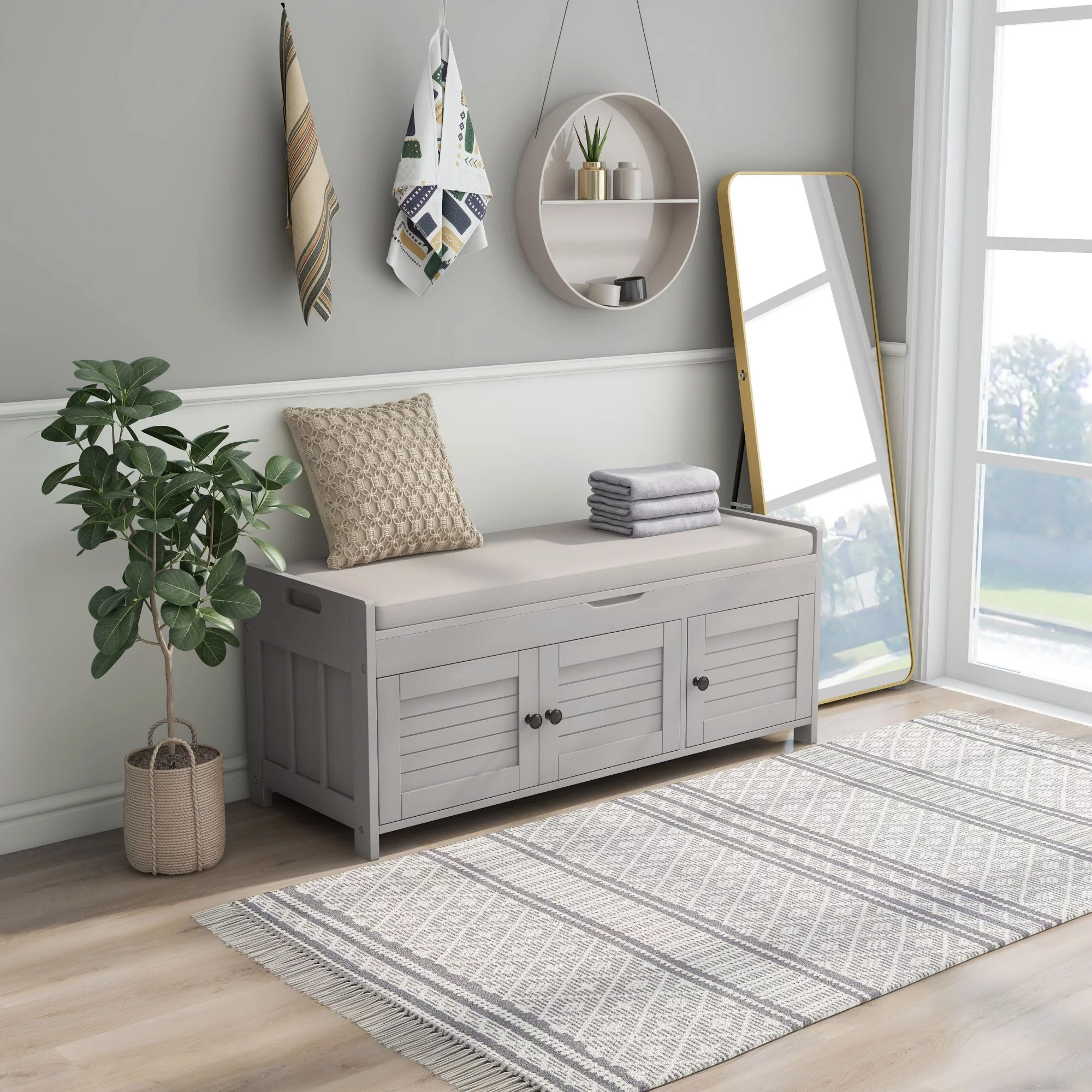 CHURANTY Entryway Storage Bench with Cushion Woodenb Shoe bench with Seat, 3 Shutter-shaped Doors, Hidden Storage Space,Gray Wash