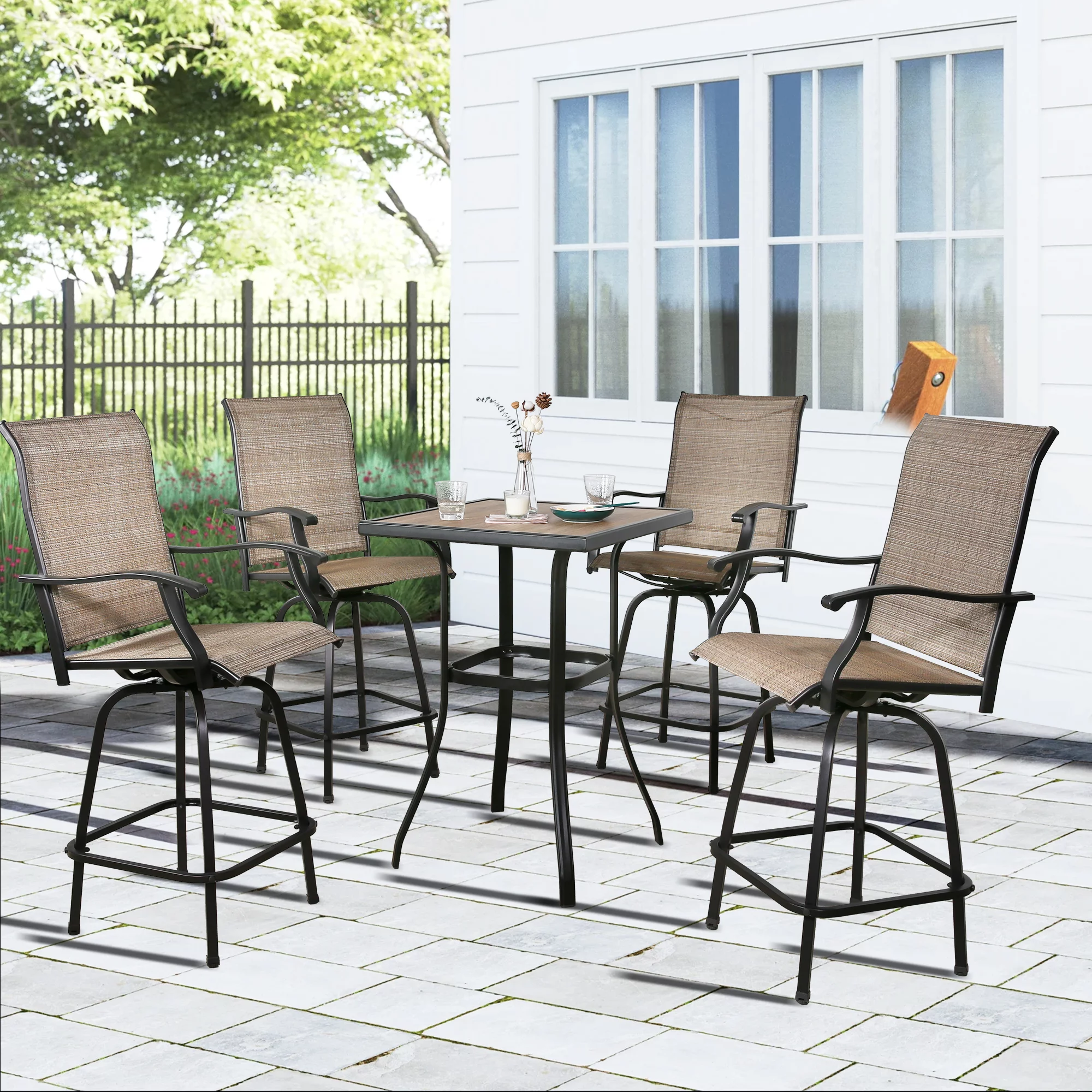 Ulax Furniture 4-Piece Outdoor Swivel Bar Stools, Sling Patio Seating Height Bar Chairs with High Back and Armrest