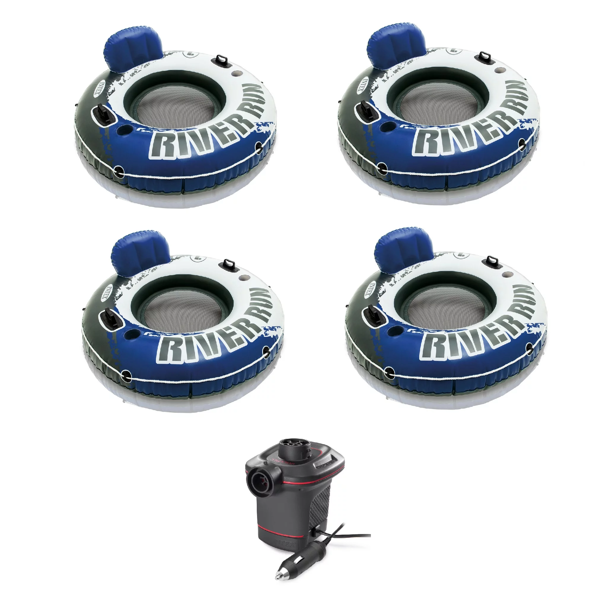 Intex 4 Pack of River Run 1 Person Floating Tubes and Single 12V Air Pump