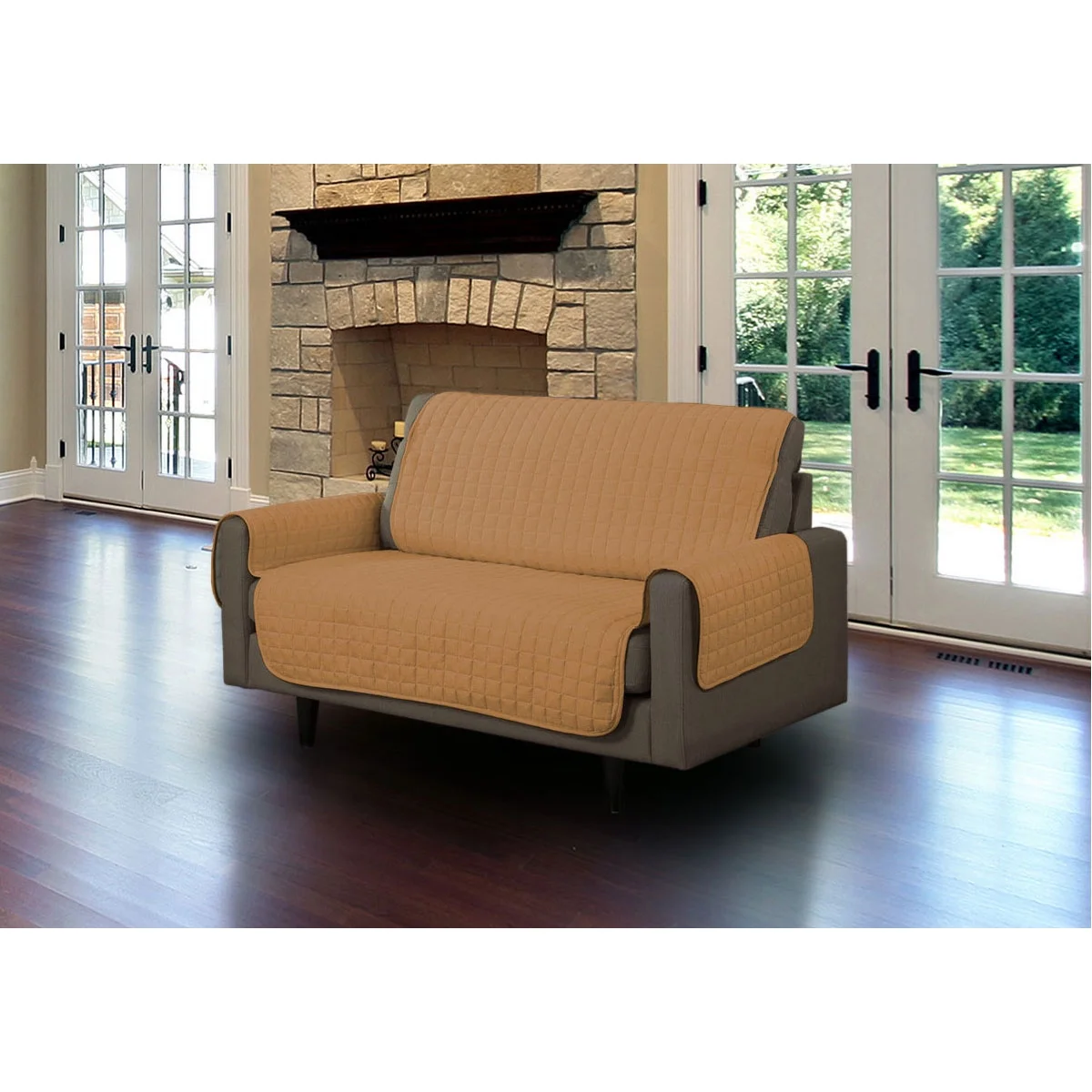 Linen Store Furniture Protector, Quilted Microsuede Machine Washable Sofa Slipcover with Tucks Perfect for Kids, Dogs, Pets (Camel, Loveseat)