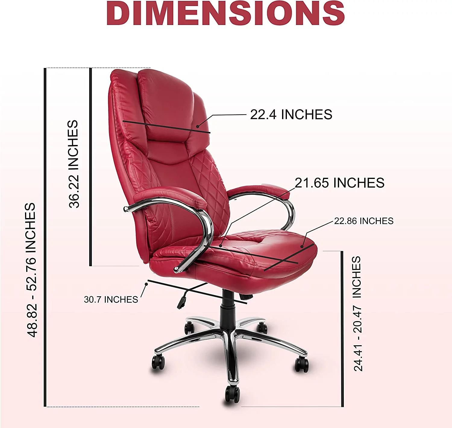 US Office Elements Big and Tall Executive Office Chair for Heavy People - PU Leather Padded Adjustable High Back Managerial Chair 400lbs Wide Ergonomic Seat- Swivel, Rolling and Tilt Mechanism(Red)