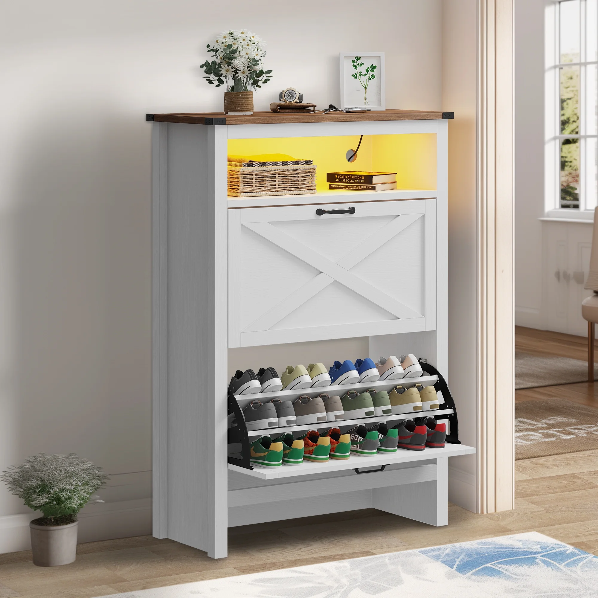 Dextrus Shoe Cabinet with 2 Flip Drawers &Open Shelf &Led Light , Shoe Rack Storage Organizer Free Standing Entrance Shoe Storage Cabinet Narrow Closet for Entryway Hallway, White