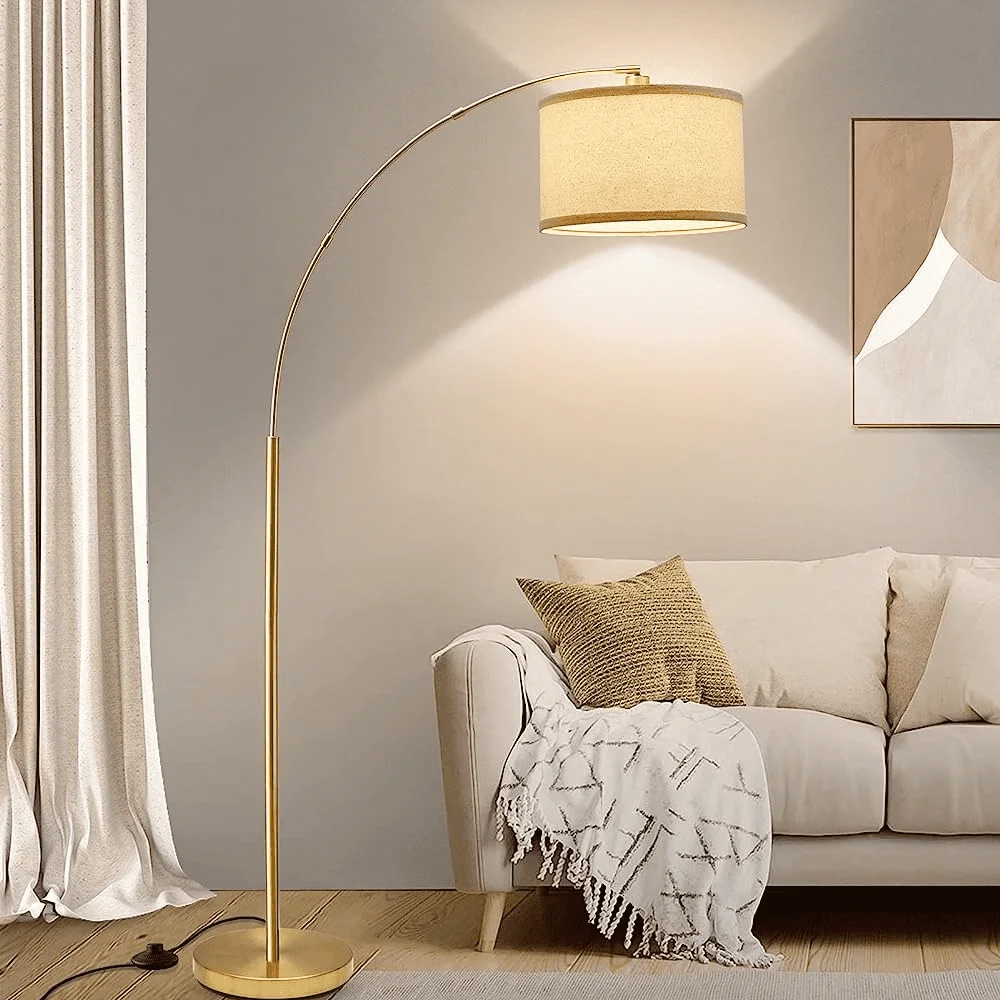 Arc Floor Lamps for Living Room, Gold Modern Floor Lamp, Tall Pole Lamp with Foot Switch, Adjustable Hanging Drum Shade, over Couch Arched Reading Light for Bedroom, Office, LED Bulb Not Include