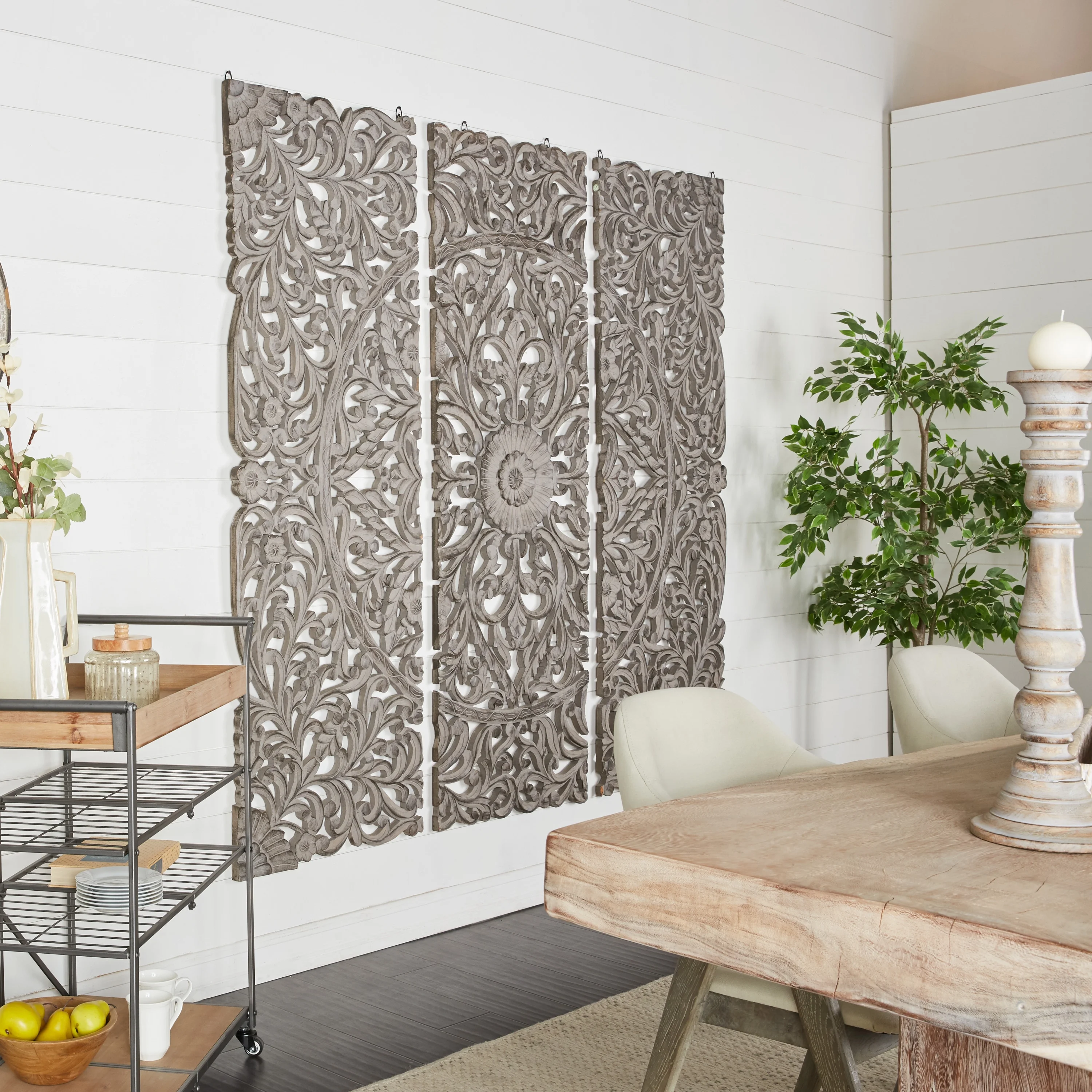 DecMode Traditional Wood Handmade Gray Carved Floral with Mandala Design Wall Décor, Set of 3 24