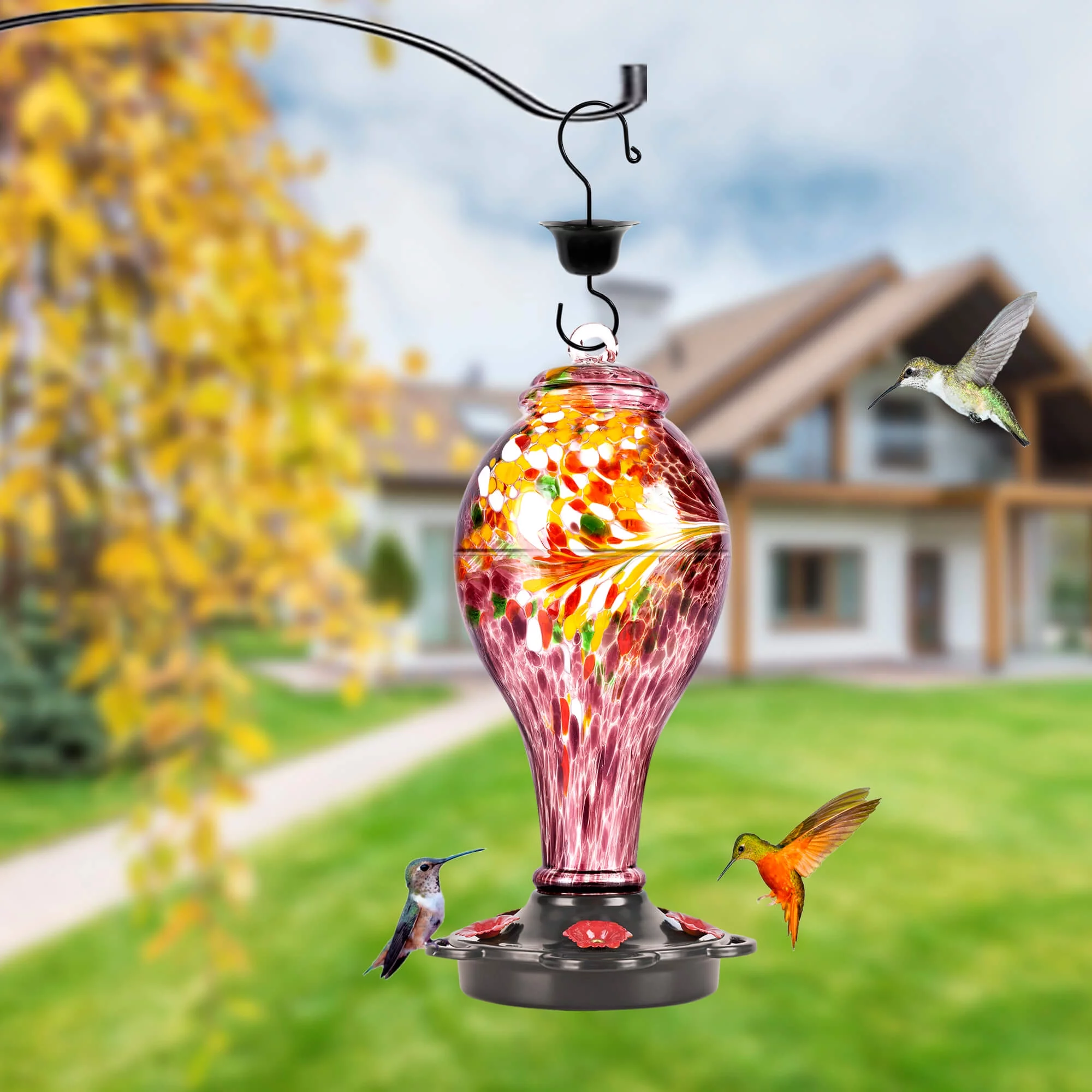 LUJII Hand Blown Glass Hummingbird Feeder for Outdoors Hanging with Ant Guard, 36 fl.oz, Leak Proof & Rustproof, Metal Base with 5 Feeding Ports & 5 Perches, Unique Garden & Backyard Decor (Purple)