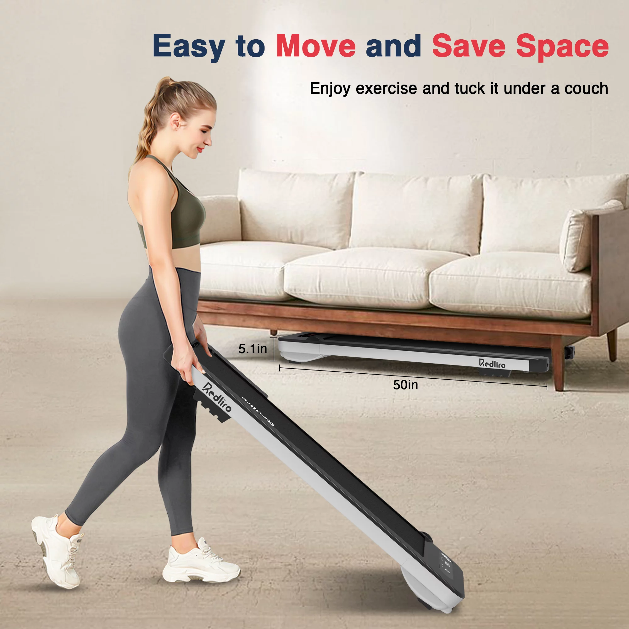 Redliro Under Desk Treadmill Walk Pad 2.25HP 300LBS Anti-Slip Belt Compact for Home Office, Silver