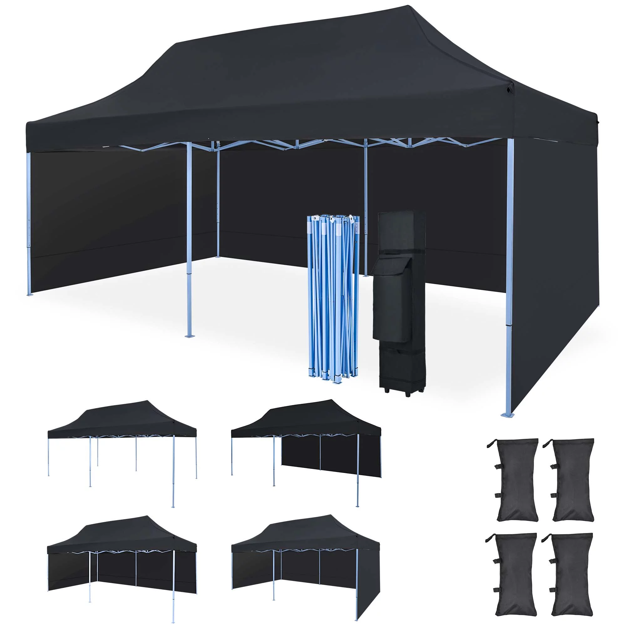 Texinpress 10'x20' Ez Pop Up Commercial Canopy Tent with Sidewalls, Black