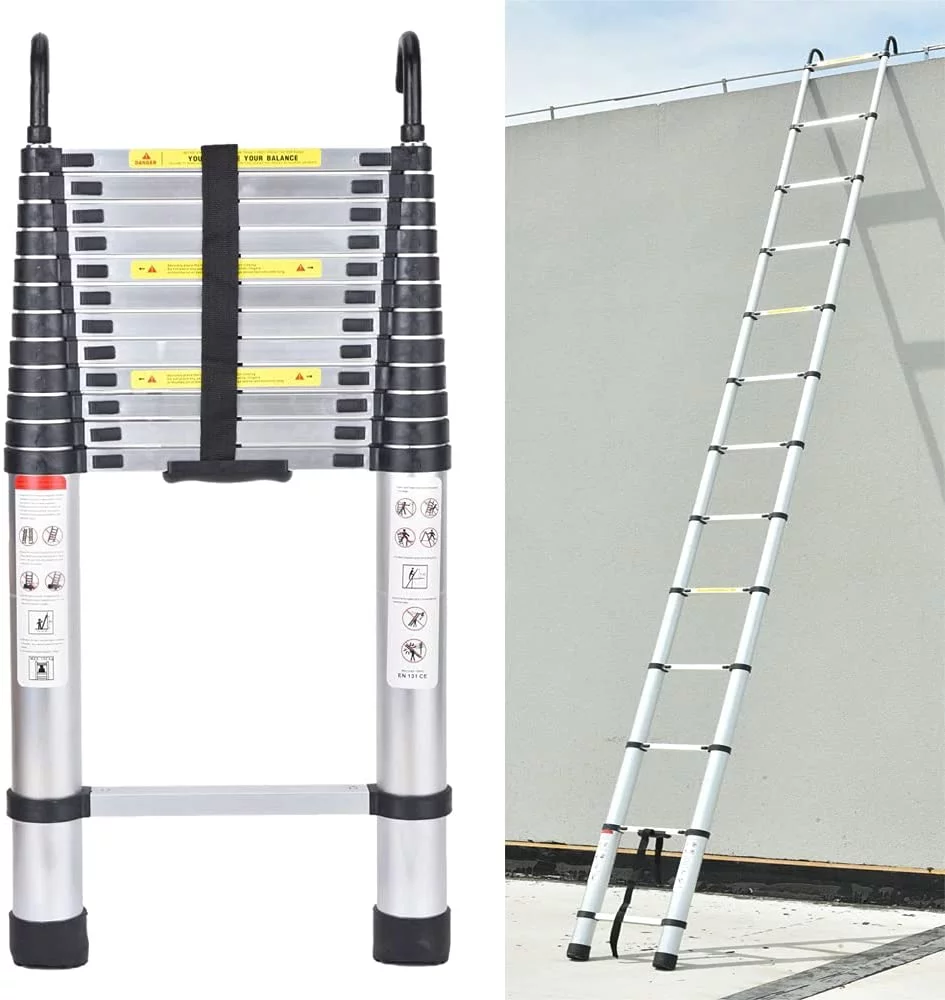 Bowoshen 5M/16.5ft Aluminium Extension Telescopic Ladder Multi-Purpose Foldable Ladders,With Stand-Off Rook Hook Kit Portable Space-Saving EN131 Certificate Max Load 330lb