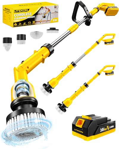 Electric Spin Scrubber with 3+ Hour Long Lasting Battery, 1000W/1200RPM High Power Cordless Clean Brush with 50IN Adjustable Long Handle, 4 Replacement Head for Bath/Tub/Tile/Floor, RyobiGreen