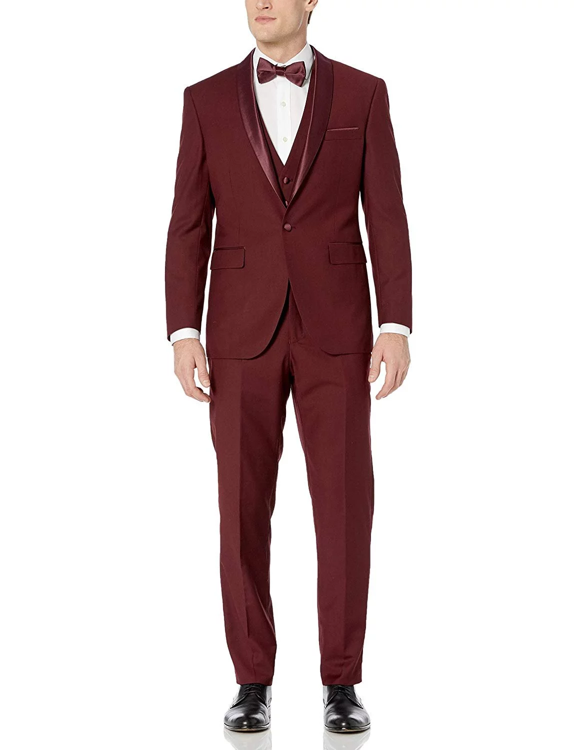 Adam Baker by Statement Men's Single Breasted Three Piece Shawl Collar Tuxedo - Burgundy - 50L
