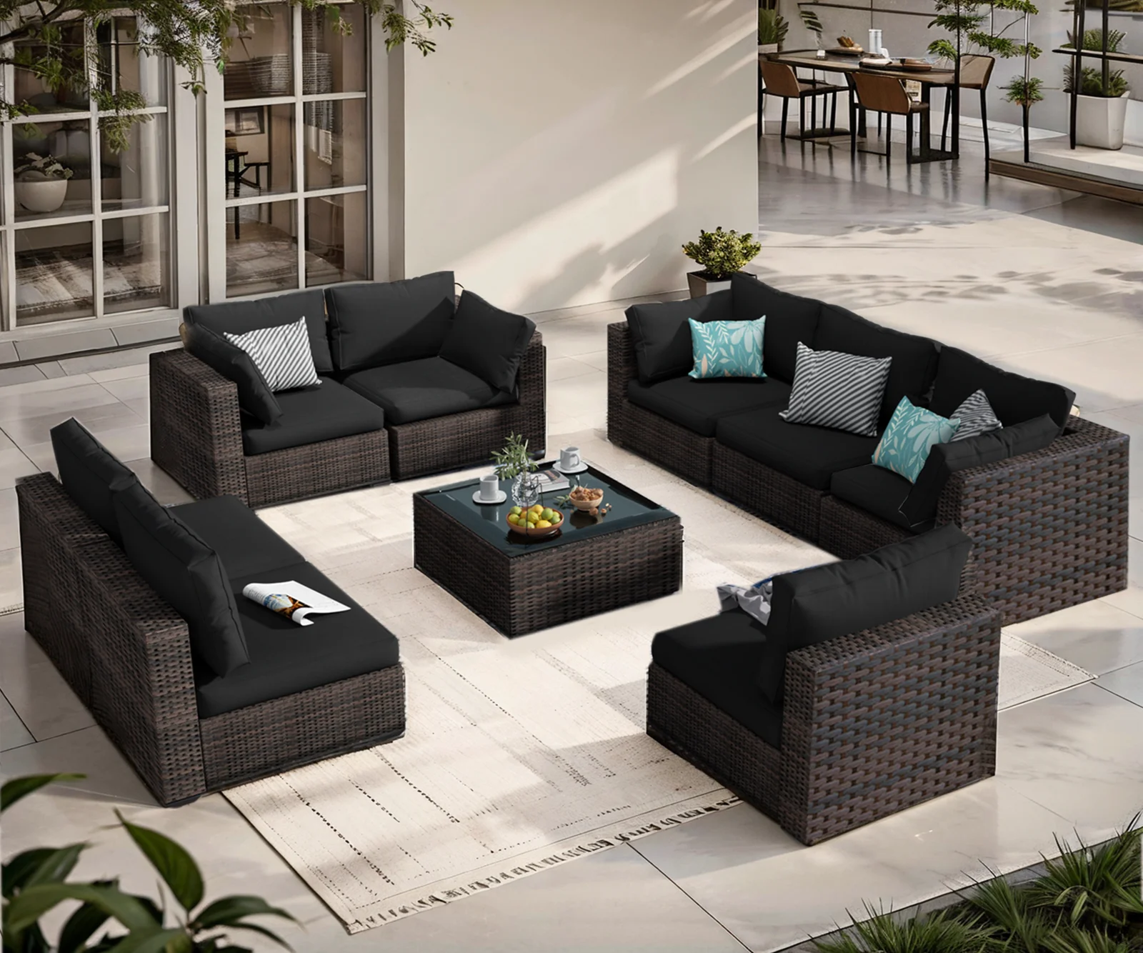 Grezone 9 Pieces Outdoor Patio Furniture, PE Wicker Rattan Sectional Sofa Patio Conversation Sets