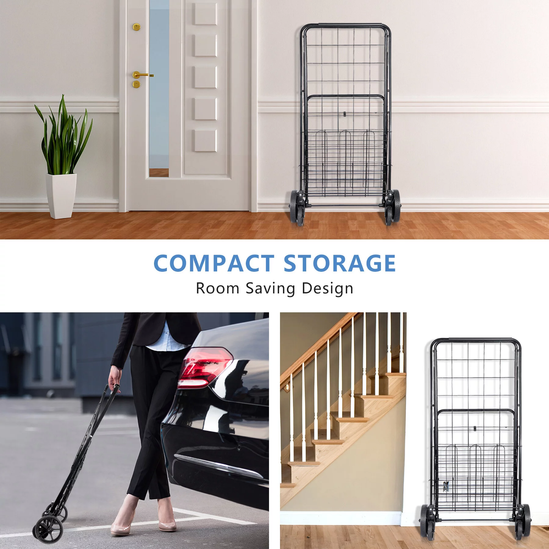 ZENY Folding Utility Shopping Cart with Double Basket and Wheels for Grocery Laundry Book Luggage Travel, Black