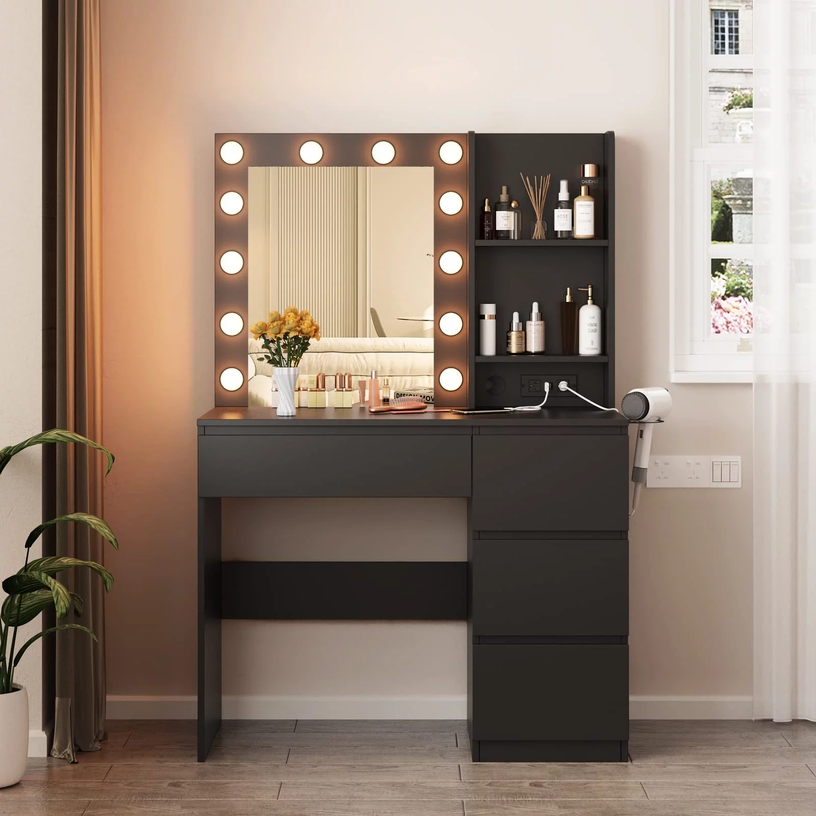 Veanerwood Makeup Vanity with Lights, Bedroom Vanity Table with Power Strip, Modern Dressing Table, 4 Drawers, 37in, Black