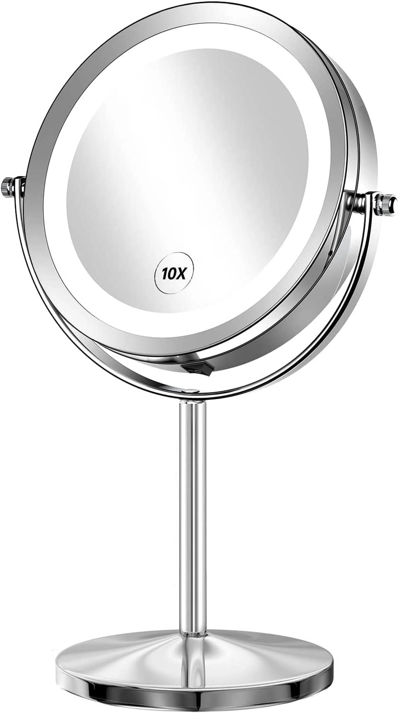 Houflody 1x/10x Magnifying Lighted Makeup Mirror Double Sided Round Mirror Standing 360 Degree Swivel Vanity Mirror Battery Operated 7 Inch Diameter Shaving Bathroom Mirror, Button Switch-Silver