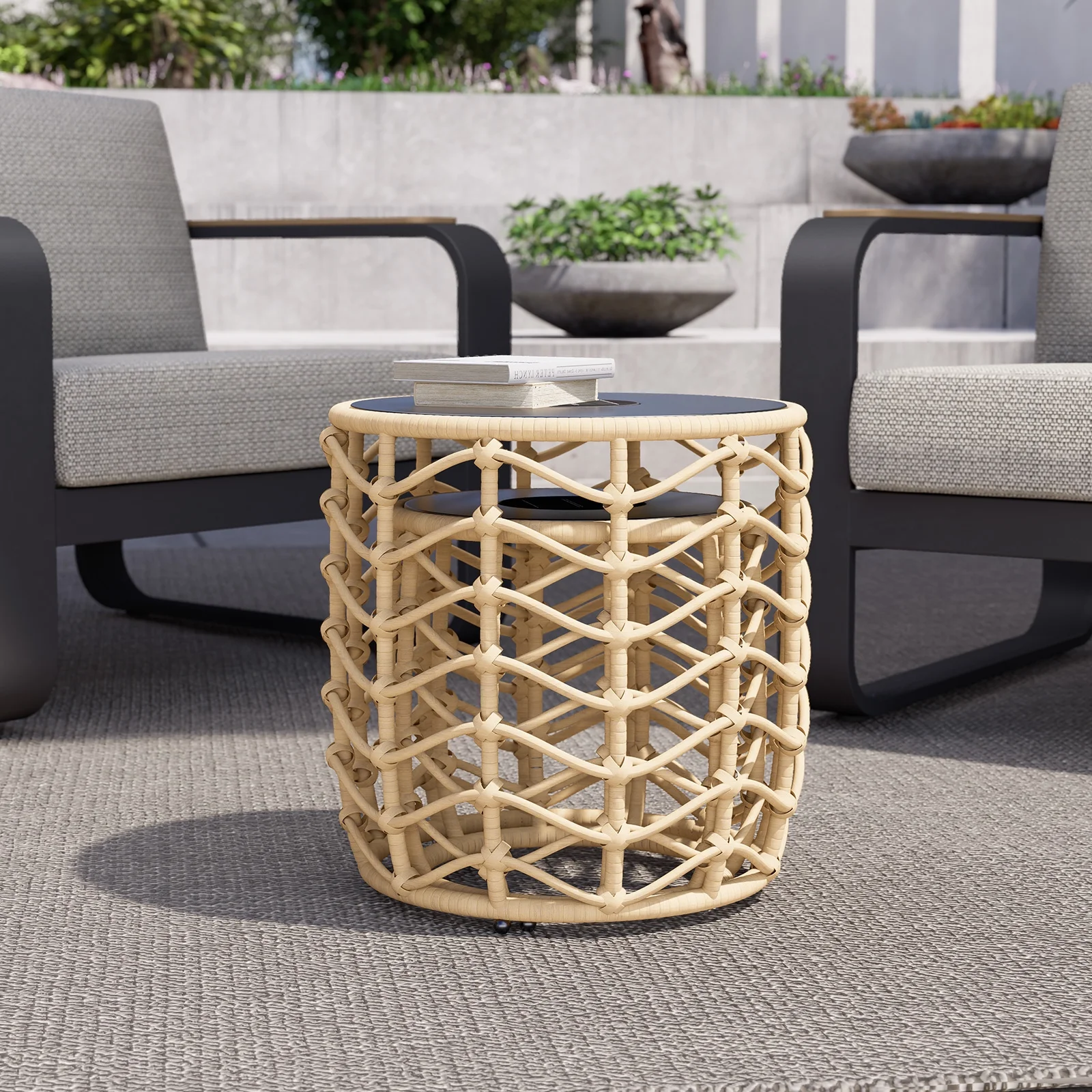 Grand Patio Wave Outdoor Nesting Tables Built-in Solar Lights Set of 2, Weather-Resistant Wicker, Boho Style for Patio and Porch, Natural