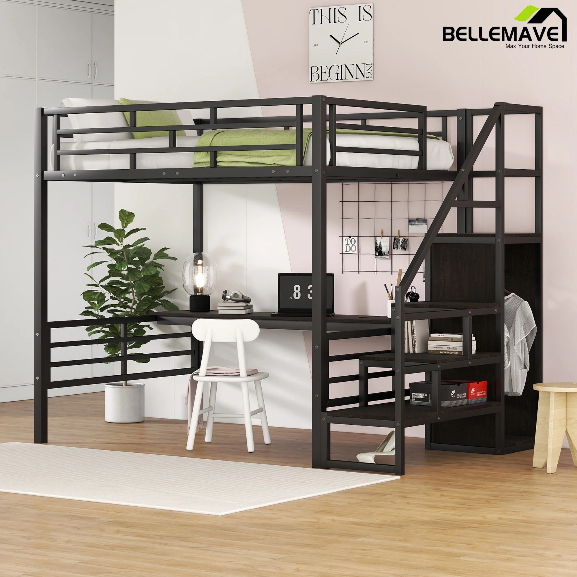 Bellemave Full Size Metal Loft Bed with Storage Staircase and Small Wardrobe,Heavy Duty Loft Bed Frame with Built-in Long Desk and Safety Guardrail for Kids,Teens,Black