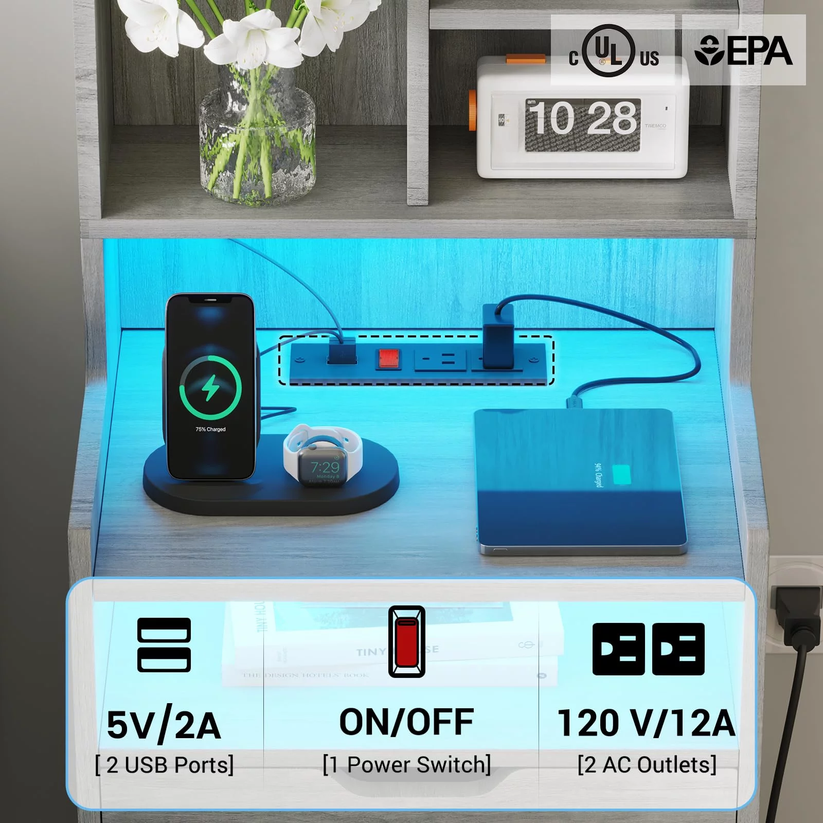 Set of 2 LED Nightstand with Charging Station for Bedroom, Gray Night Stand End Side Table with 2 Drawers&LED Lights for Living Room, 2 Outlets and 2 USB Ports