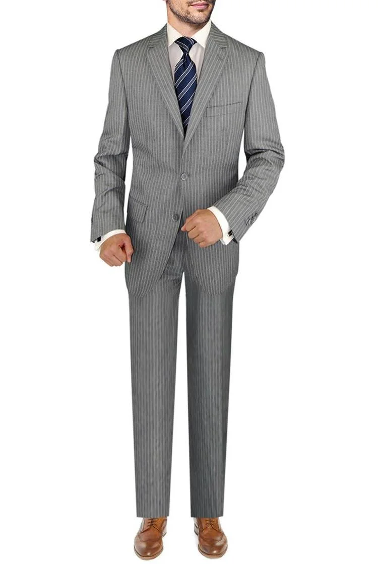 Mens Side-vent 3-piece Gray Stripe Wool Trim Fit Suit DTI