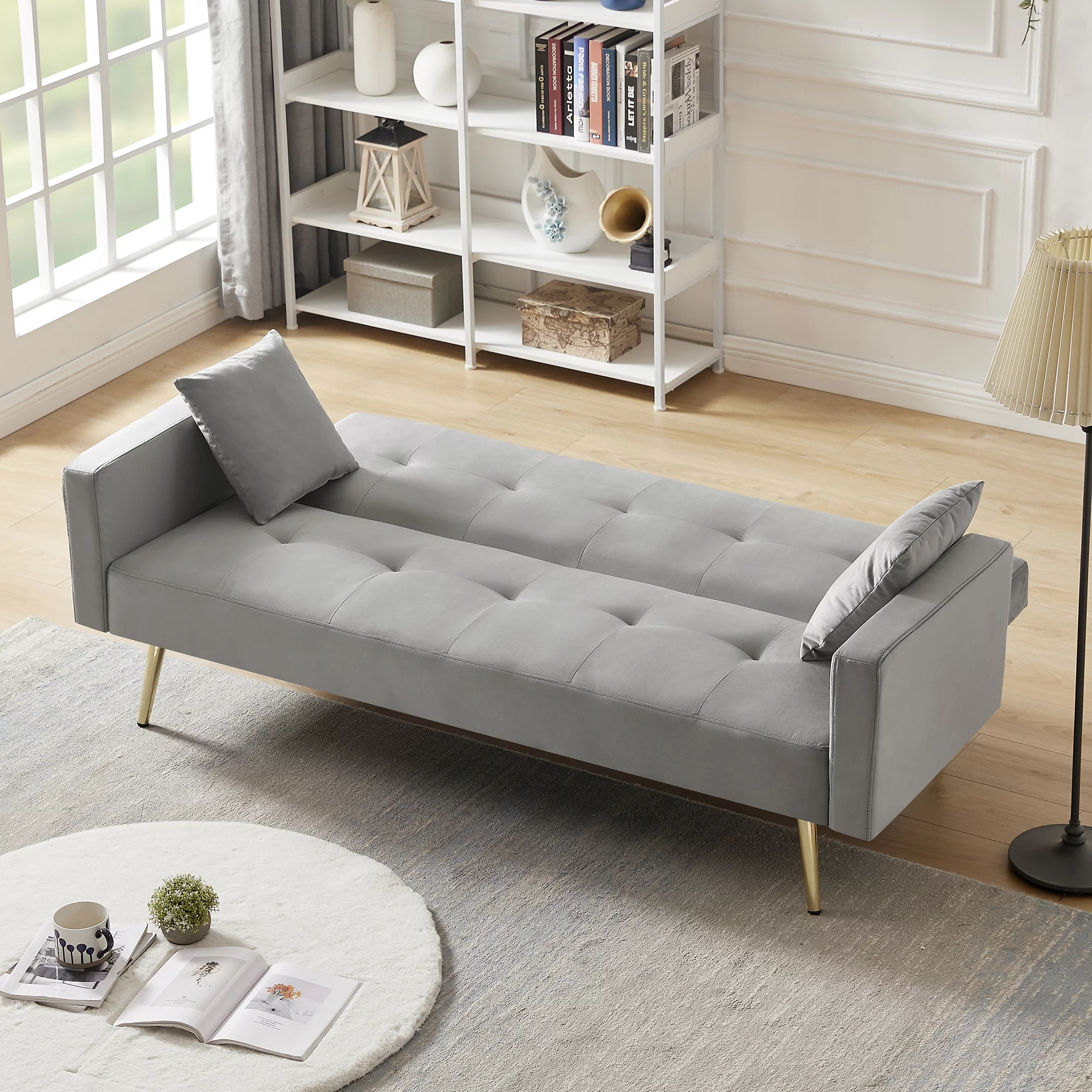Gray Velvet Sofa, KAMIDA Futon Sofa Bed, Convertible Sofa Bed with 2 Pillows, Modern Couch and Sofa, Sofa Bed with Metal Legs, Futon Couch Furniture for Home Office Living Room Bedroom