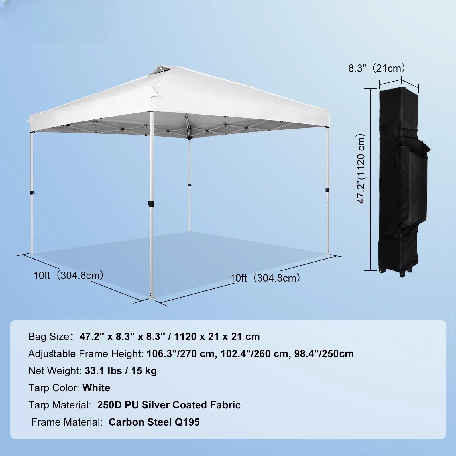 BENTISM Pop Up Canopy Tent, 10 x 10 ft, 250 D PU Silver Coated Tarp, with Portable Roller Bag and 4 Sandbags, Waterproof and Sun Shelter Gazebo