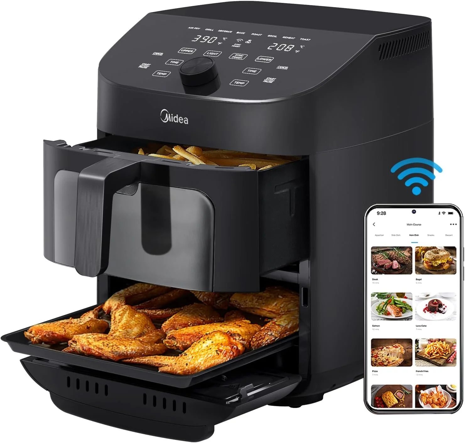 Midea 8 in 1 Dual Air Fryer 11 Quart with 2 Independent Baskets Clear Windows, Smart Sync Finish, 3 Heating Tubes, Wi-Fi Connectivity&50+ App Recipes For Family-Sized Meals