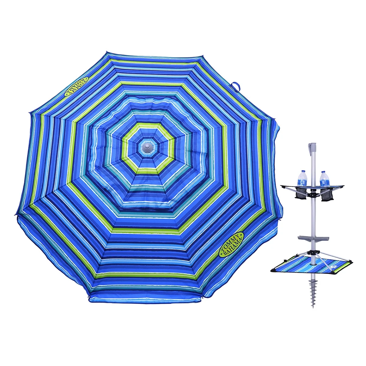 7 ft Fiberglass Tommy Bahama Beach Umbrella for Sand with Folding Anchor Base, Integrated Table, Telescopic Aluminum Pole, UPF 50+, Tilt