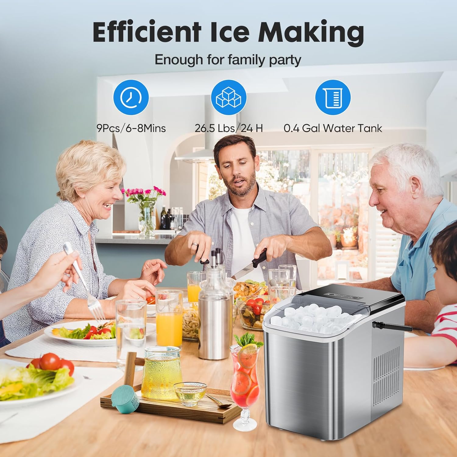 Sweetcrispy Countertop Ice Maker Machine Stainless Steel, Portable Small Ice Cube Maker Self-Cleaning with Handle, Ice Scoop and Basket, 6 Mins/9 Pcs, 26.5lbs/24Hrs, 2 Sizes of Bullet Ice, Silver