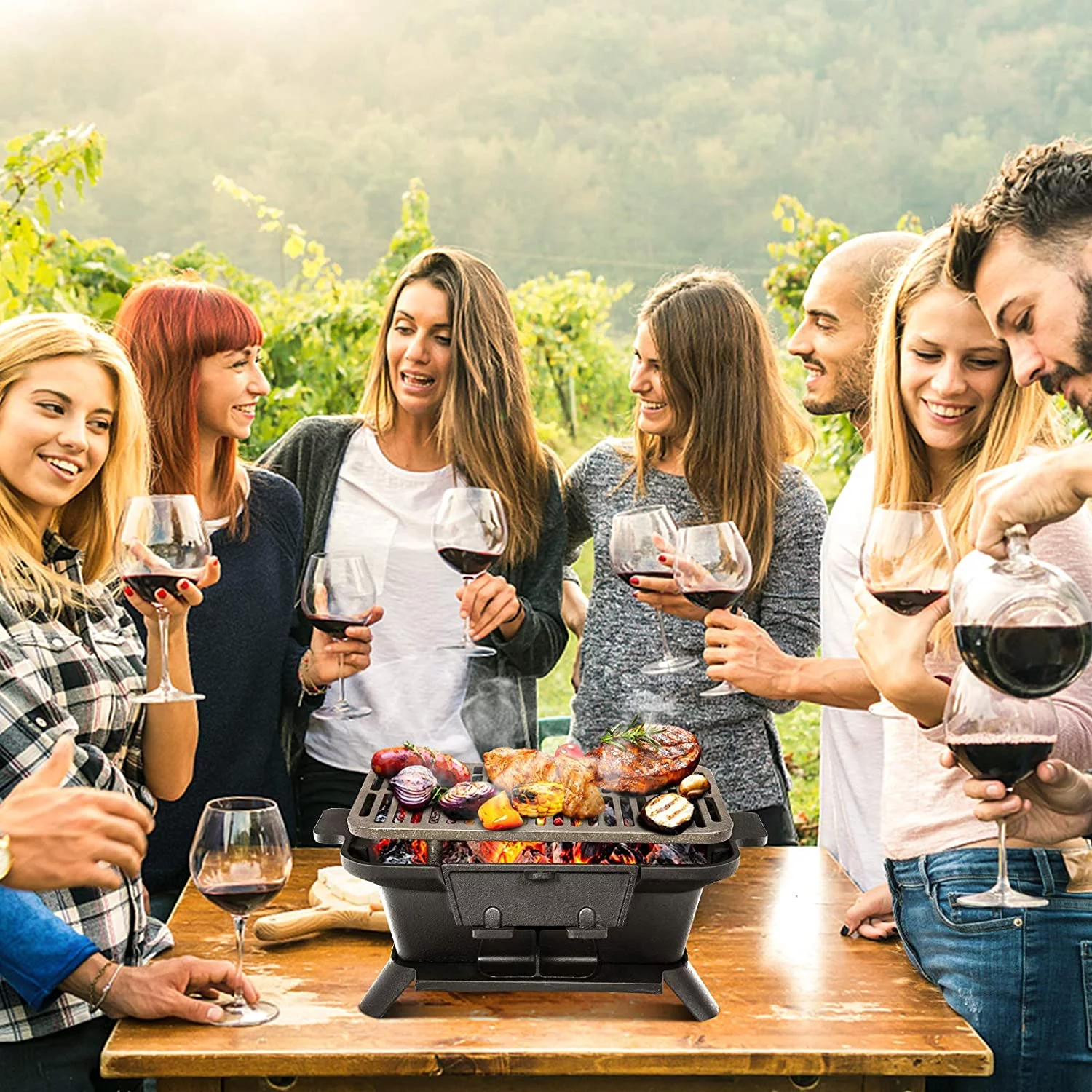 Charcoal Grill Portable Barbecue Smoker Grill, Cast Iron Hibachi Grill with Double-sided Grilling Net Air Regulating Door Fire  for Outdoor Cooking Camping Hiking Party