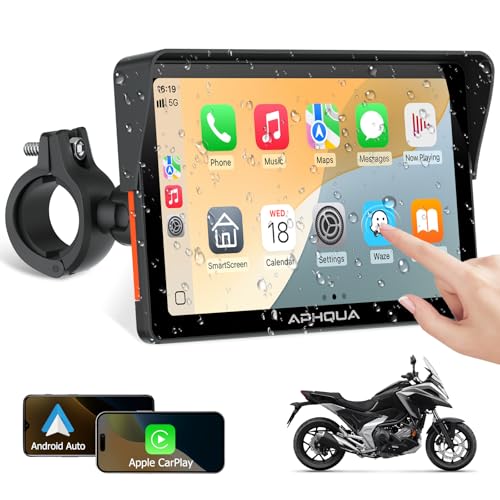 722 7-Inch Motorcycle GPS Navigation System with Apple CarPlay & Android Auto, Waterproof Touchscreen, Bluetooth, IP67 Waterproof for Motorbike, Support Siri & Google Assistant